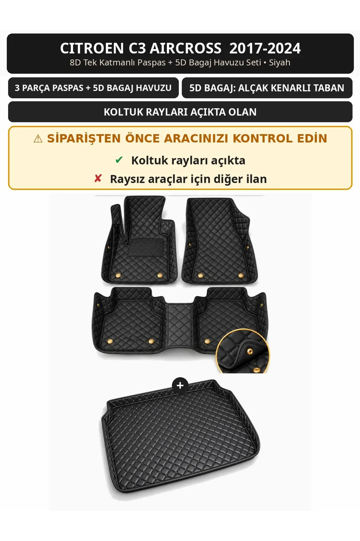 Citroen C3 Aircross 2017-2024 Koltuk Rayı Açık 8D Tek Katmanlı Paspas + 5D Bagaj Havuzu Seti Siyah (1)