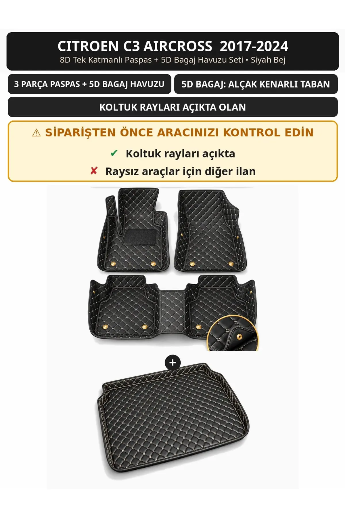 Citroen C3 Aircross 2017-2024 Koltuk Rayı Açık 8D Tek Katmanlı Paspas + 5D Bagaj Seti Siyah Bej (1)