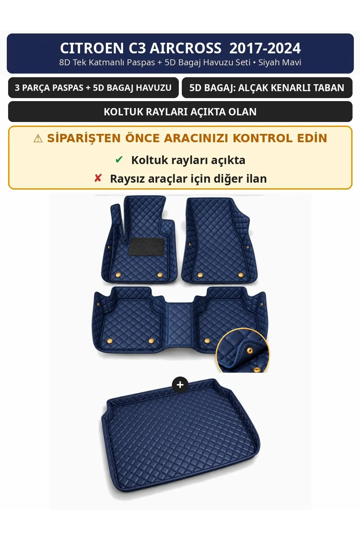 Citroen C3 Aircross 2017-2024 Koltuk Rayı Açık 8D Tek Katmanlı Paspas + 5D Bagaj Seti Siyah Mavi (1)