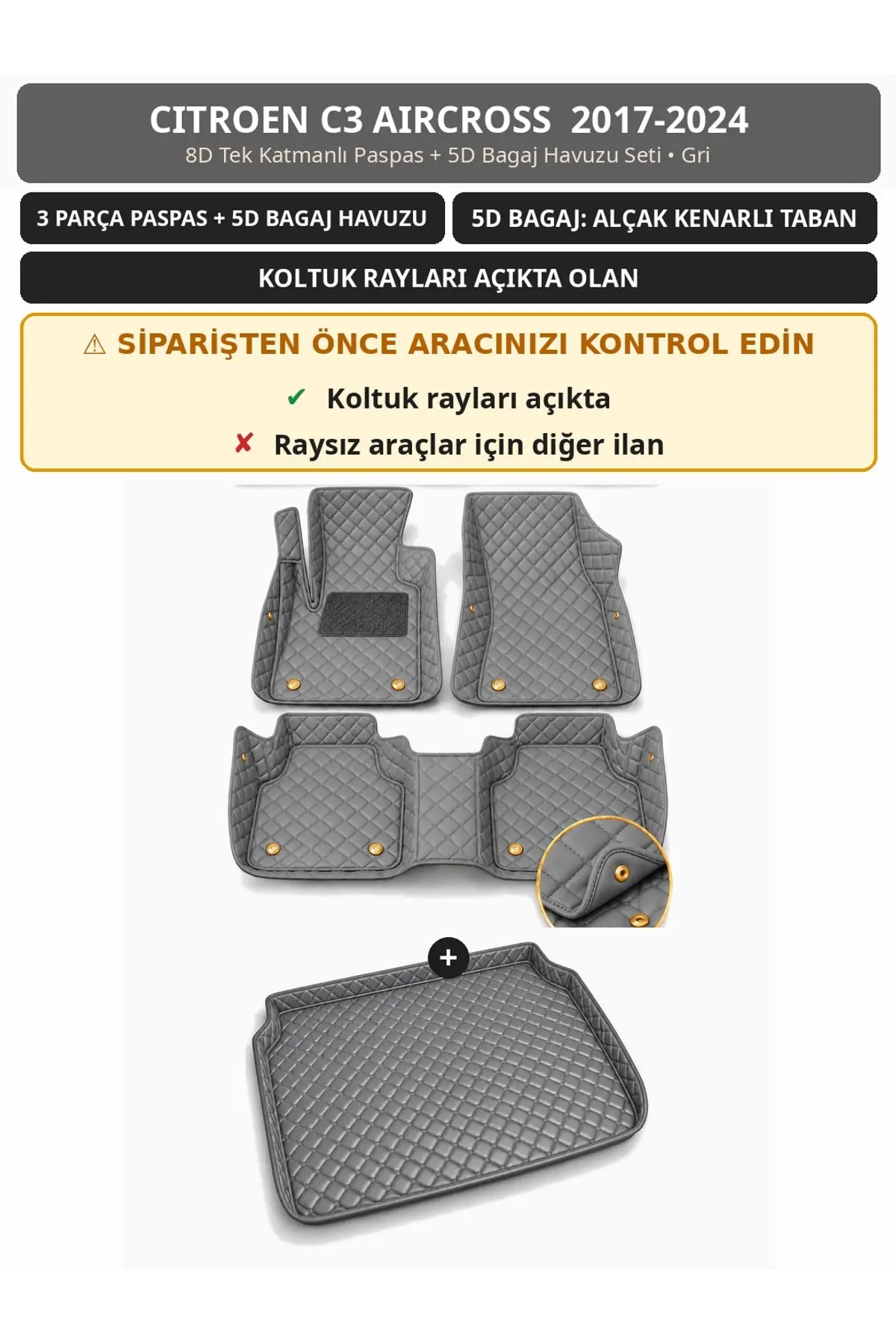 Citroen C3 Aircross 2017-2024 Koltuk Rayı Açık 8D Tek Katmanlı Paspas + 5D Bagaj Havuzu Seti Gri (1)
