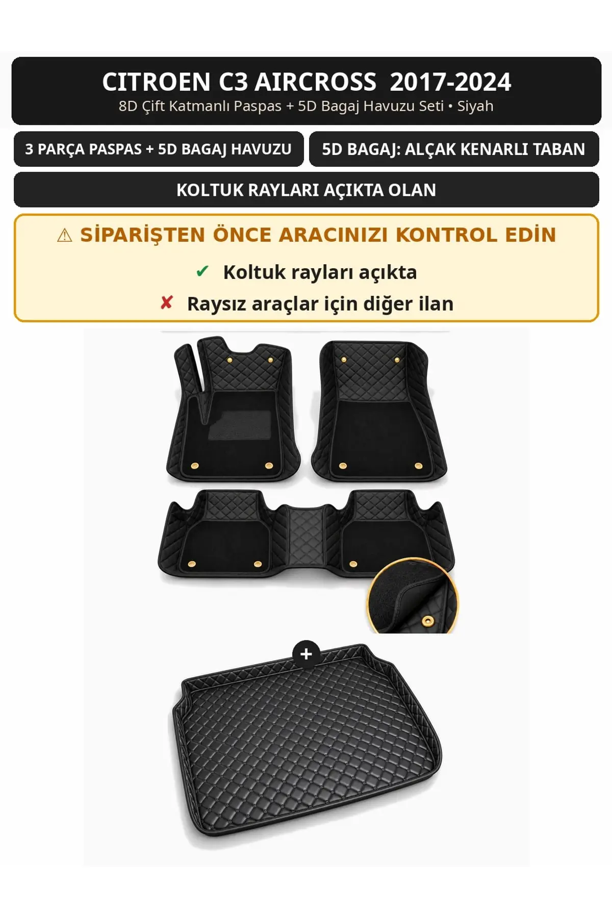 Citroen C3 Aircross 2017-2024 Koltuk Rayı Açık 8D Çift Katmanlı Paspas + 5D Bagaj Havuzu Seti Siyah (1)