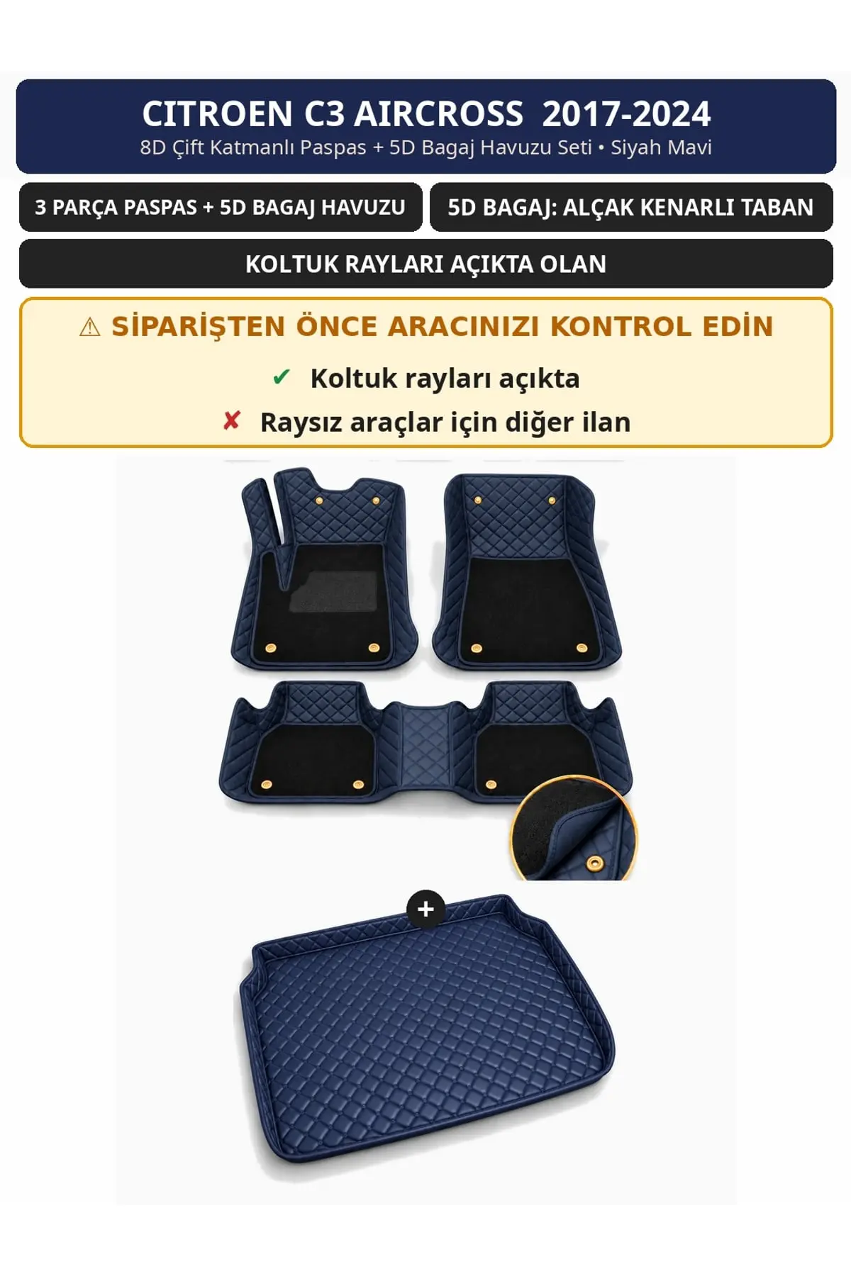 Citroen C3 Aircross 2017-2024 Koltuk Rayı Açık 8D Çift Katmanlı Paspas + 5D Bagaj Seti Siyah Mavi (1)