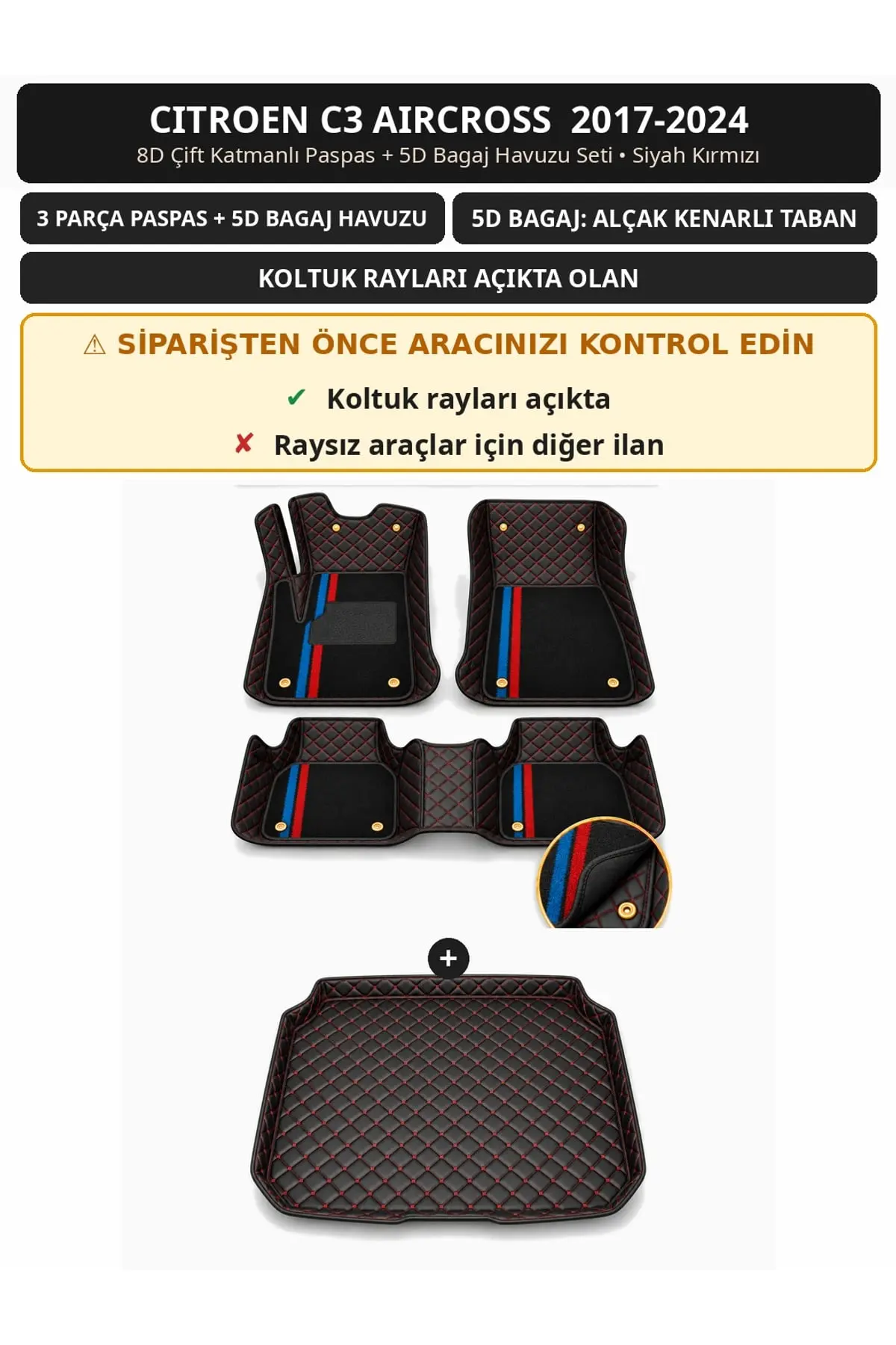Citroen C3 Aircross 2017-2024 Koltuk Rayı Açık 8D Çift Katmanlı Paspas + 5D Bagaj Seti Siyah Kırmızı (1)