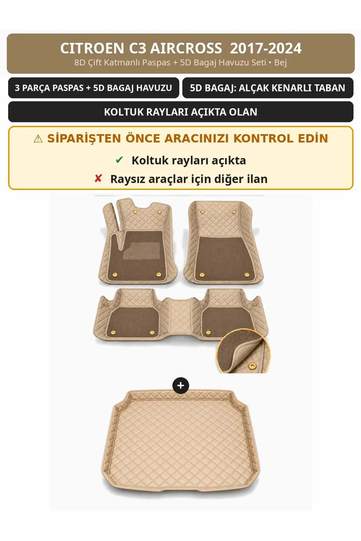 Citroen C3 Aircross 2017-2024 Koltuk Rayı Açık 8D Çift Katmanlı Paspas + 5D Bagaj Havuzu Seti Bej (1)