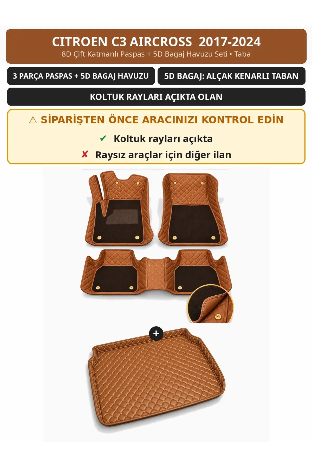 Citroen C3 Aircross 2017-2024 Koltuk Rayı Açık 8D Çift Katmanlı Paspas + 5D Bagaj Havuzu Seti Taba (1)