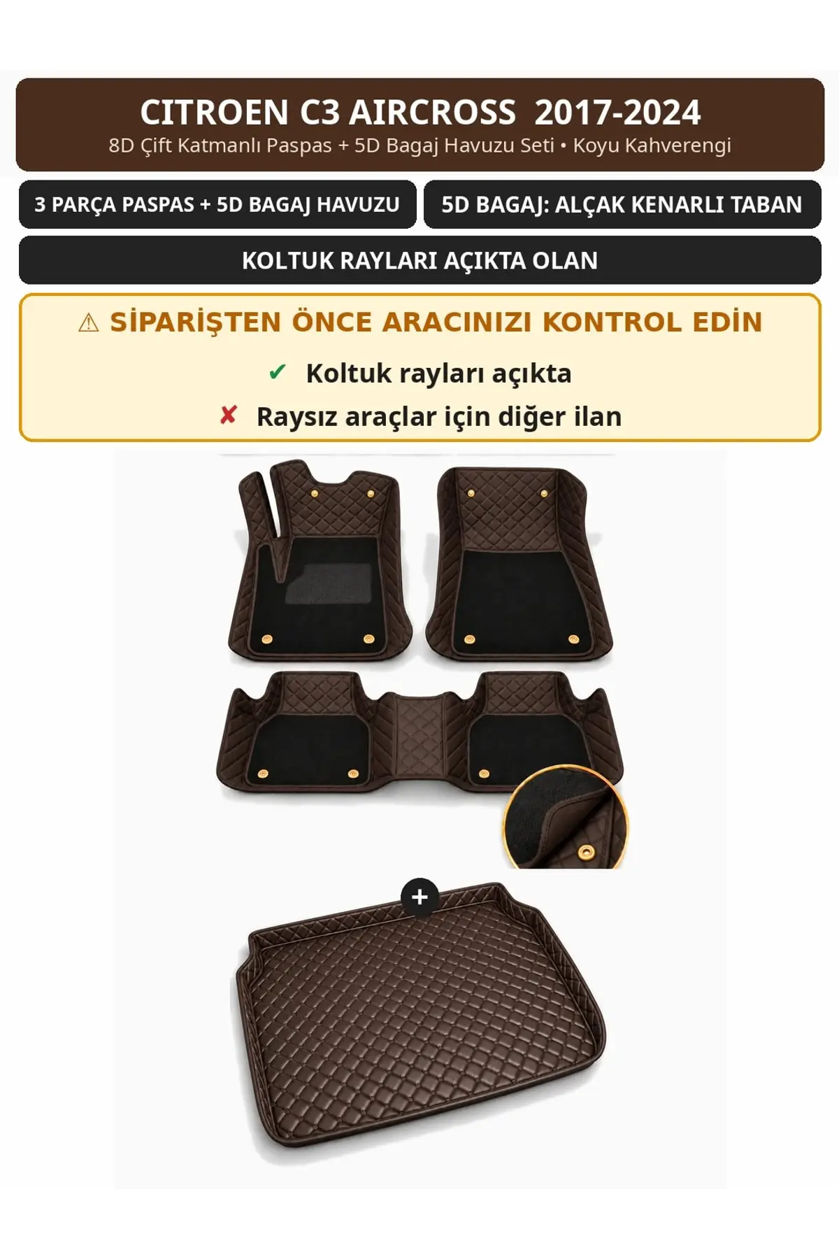 Citroen C3 Aircross 2017-2024 Koltuk Rayı Açık 8D Çift Katman Paspas + 5D Bagaj Seti Koyu Kahverengi (1)