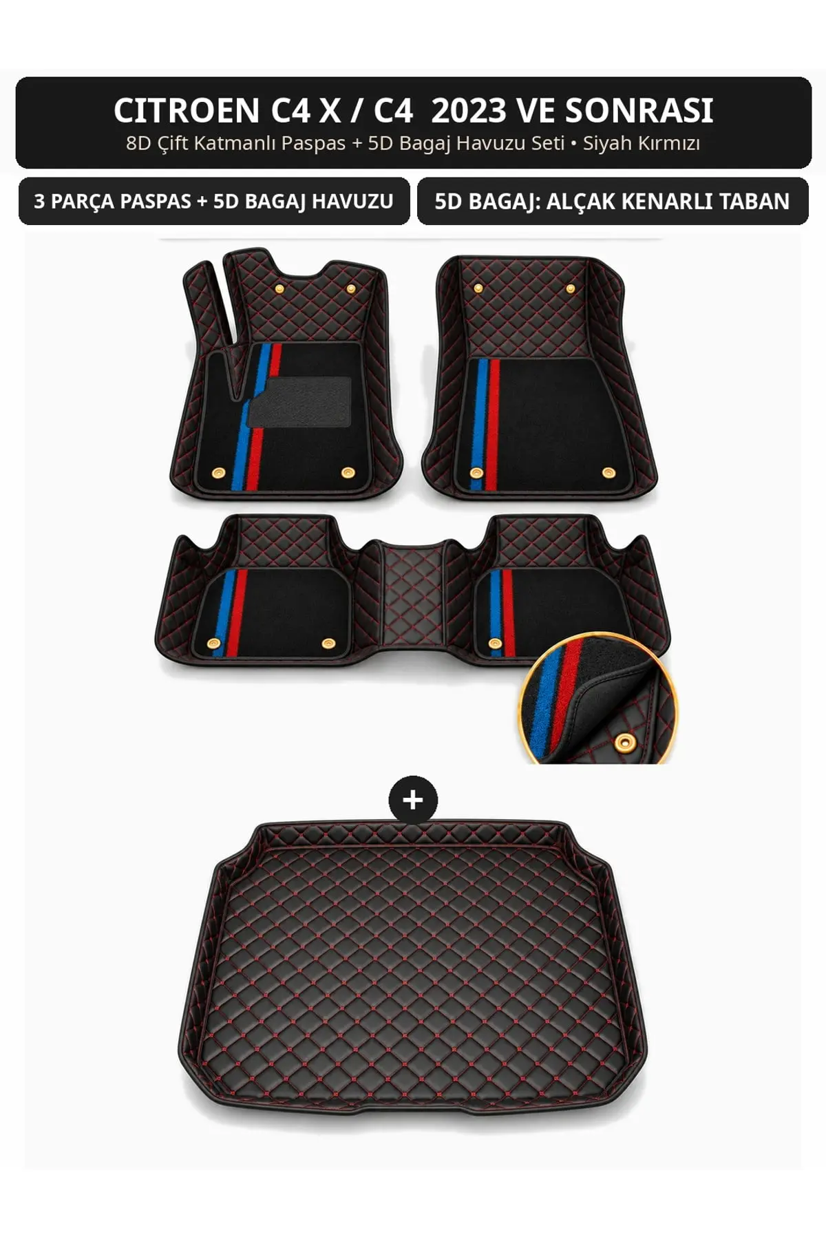 Citroen C4 X / C4 2023+ 8D Çift Katmanlı Paspas + 5D Bagaj Havuzu Seti Siyah Kırmızı (1)