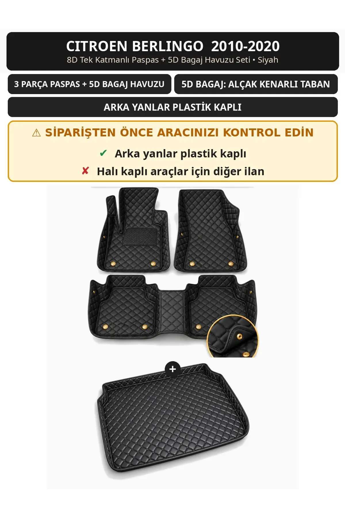 Citroen Berlingo 2010-2020 Arka Yan Plastik 8D Tek Katmanlı Paspas + 5D Bagaj Havuzu Seti Siyah (1)