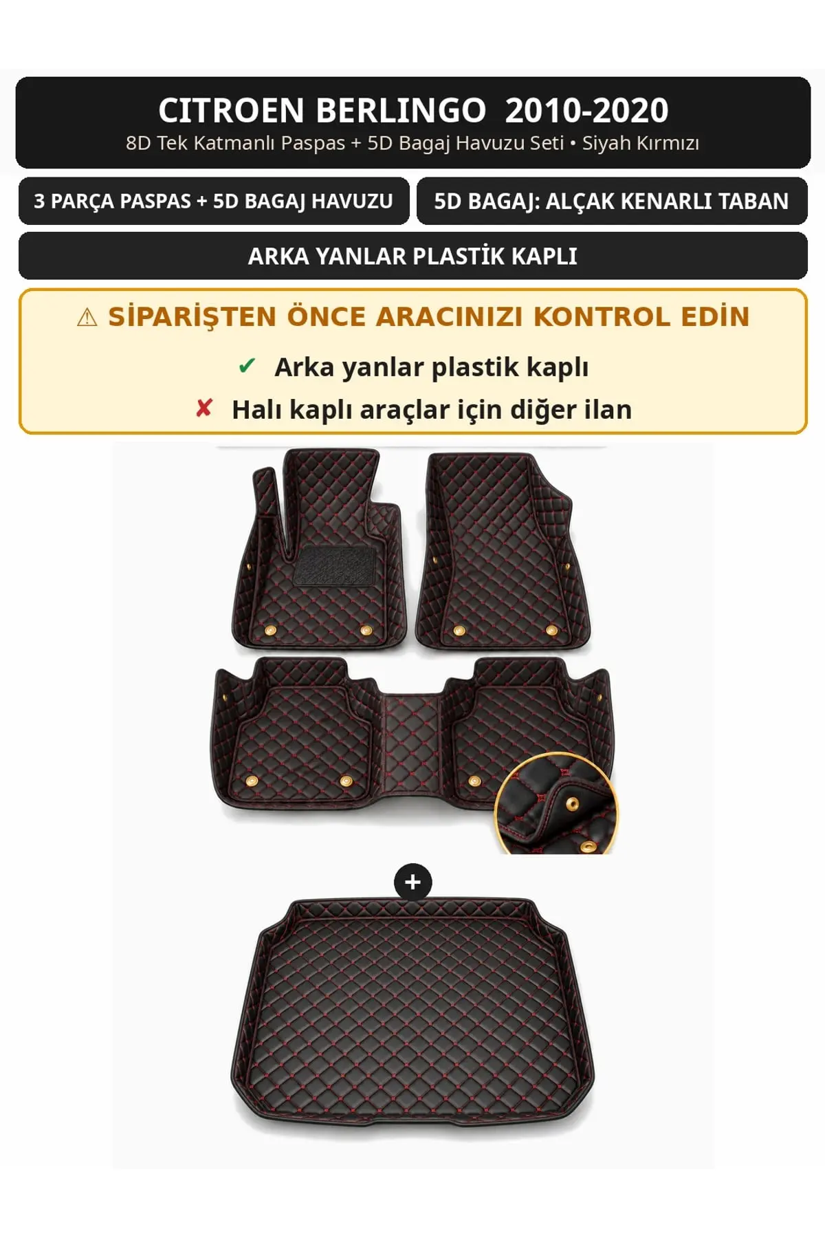 Citroen Berlingo 2010-2020 Arka Yan Plastik 8D Tek Katmanlı Paspas + 5D Bagaj Seti Siyah Kırmızı (1)
