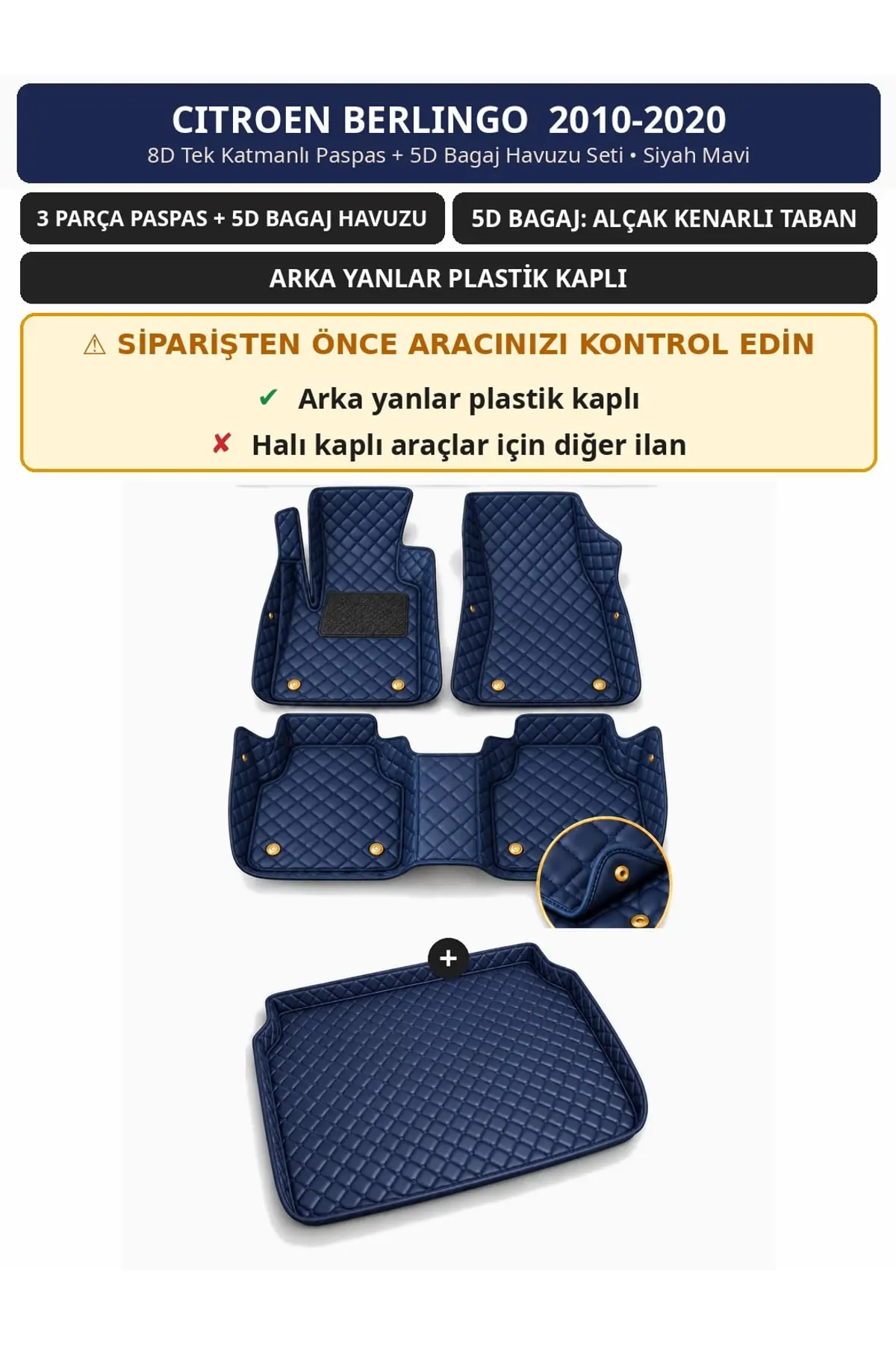 Citroen Berlingo 2010-2020 Arka Yan Plastik 8D Tek Katmanlı Paspas + 5D Bagaj Havuzu Seti Siyah Mavi (1)