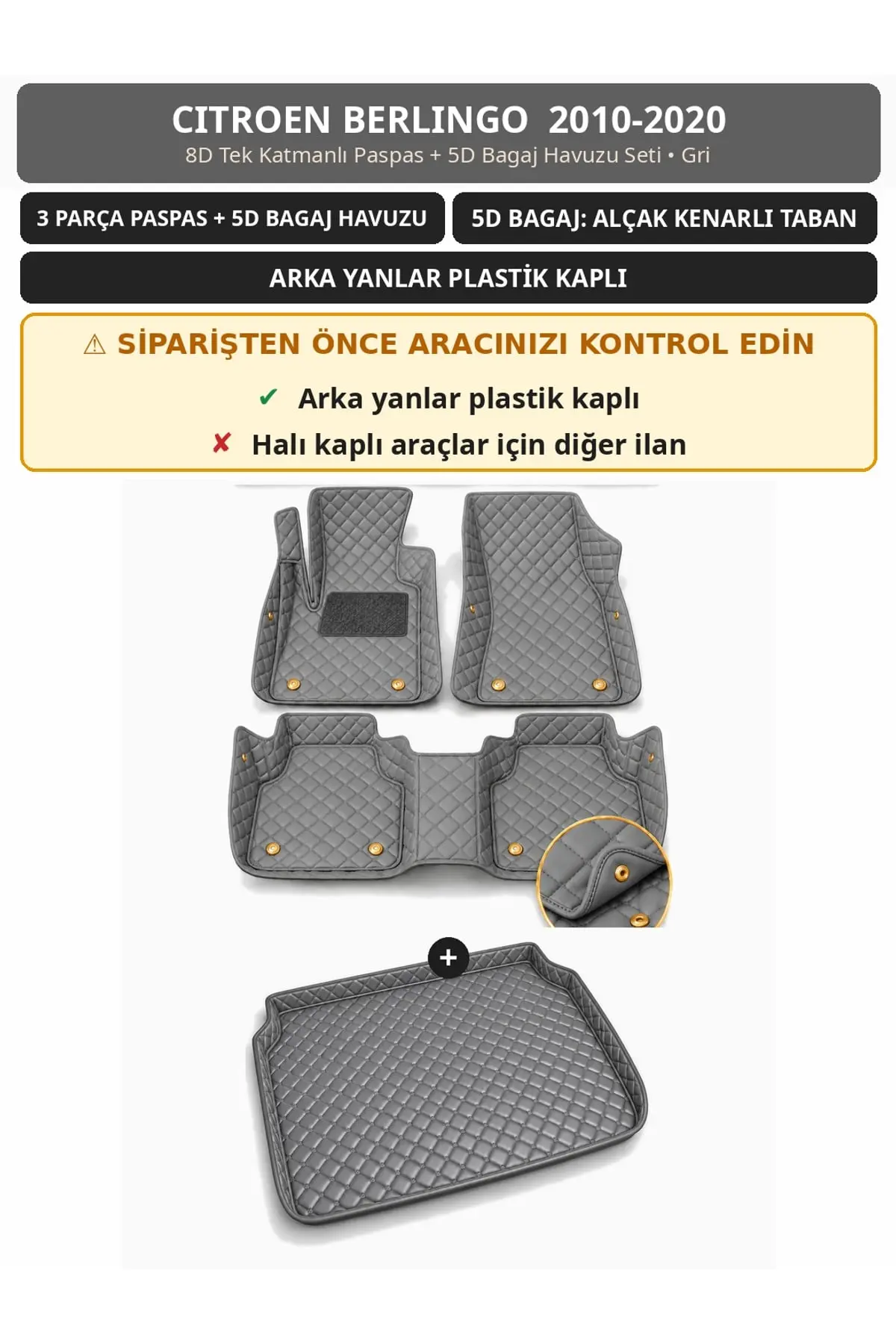 Citroen Berlingo 2010-2020 Arka Yan Plastik 8D Tek Katmanlı Paspas + 5D Bagaj Havuzu Seti Gri (1)