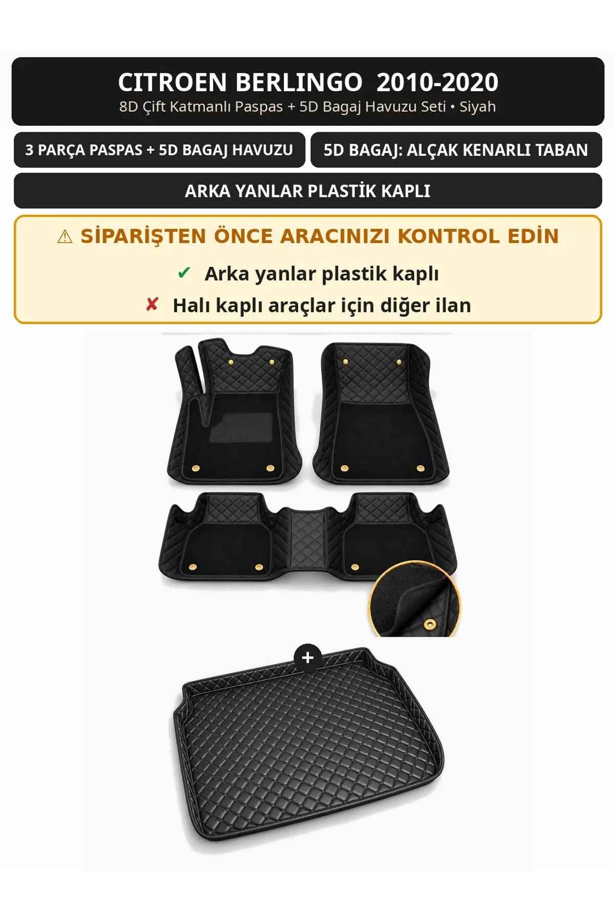 Citroen Berlingo 2010-2020 Arka Yan Plastik 8D Çift Katmanlı Paspas + 5D Bagaj Havuzu Seti Siyah (1)