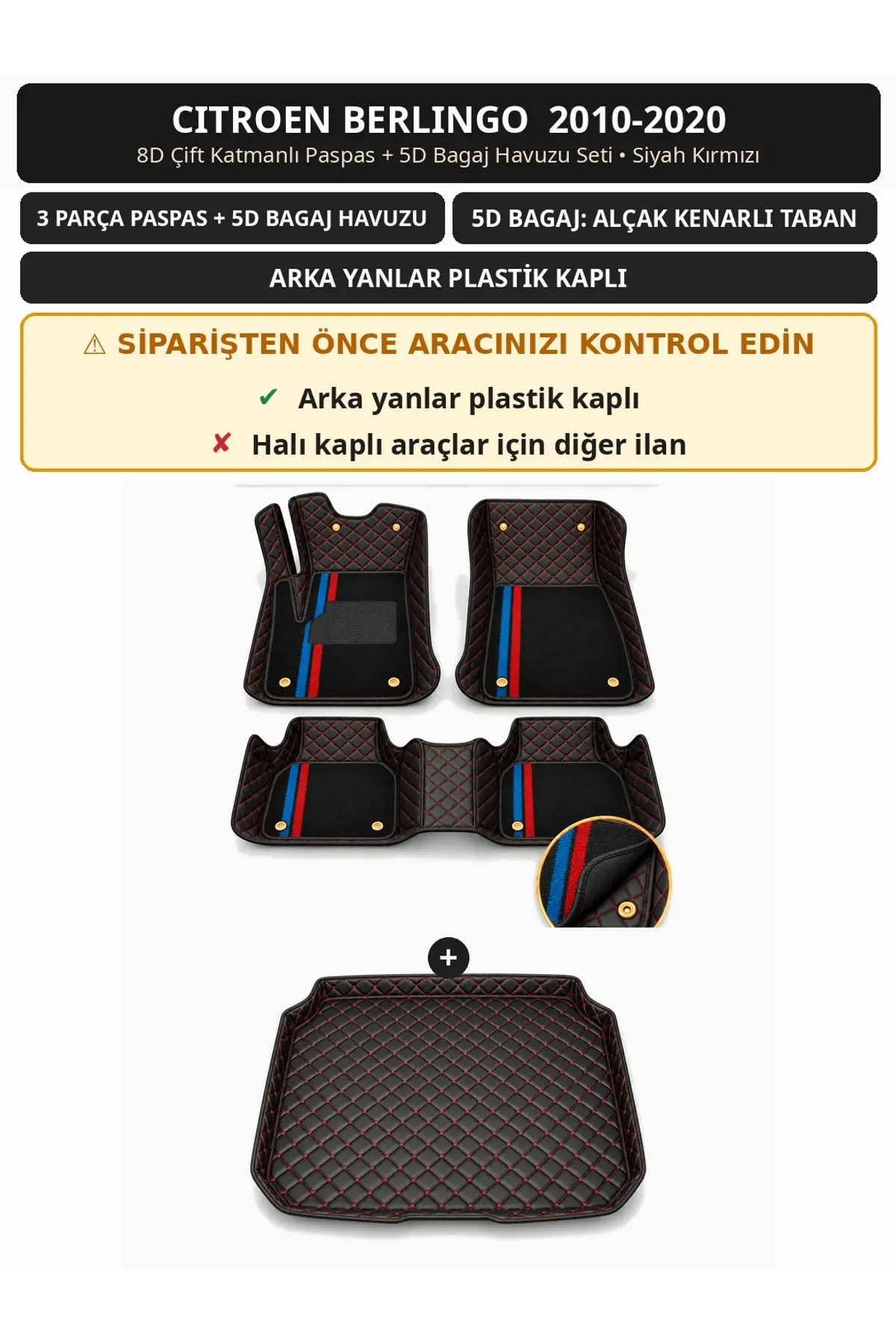 Citroen Berlingo 2010-2020 Arka Yan Plastik 8D Çift Katmanlı Paspas + 5D Bagaj Seti Siyah Kırmızı (1)