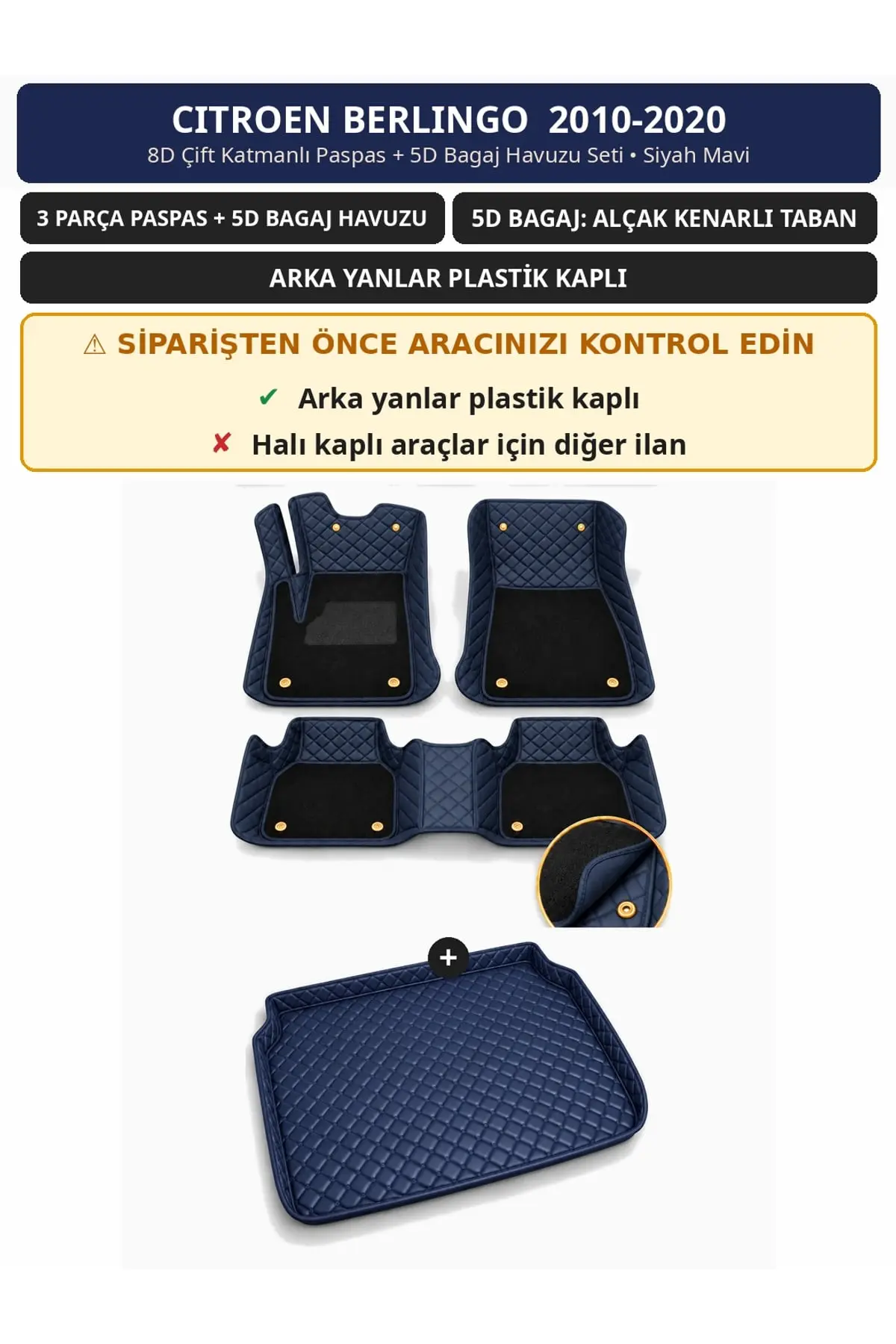 Citroen Berlingo 2010-2020 Arka Yan Plastik 8D Çift Katmanlı Paspas + 5D Bagaj Seti Siyah Mavi (1)