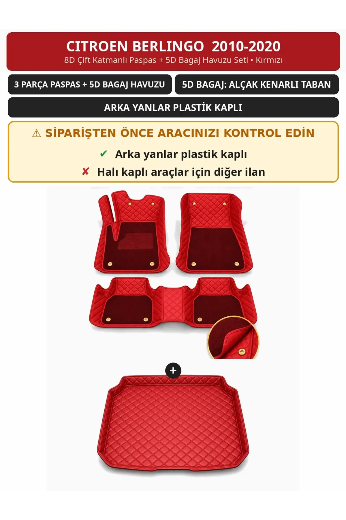 Citroen Berlingo 2010-2020 Arka Yan Plastik 8D Çift Katmanlı Paspas + 5D Bagaj Havuzu Seti Kırmızı (1)