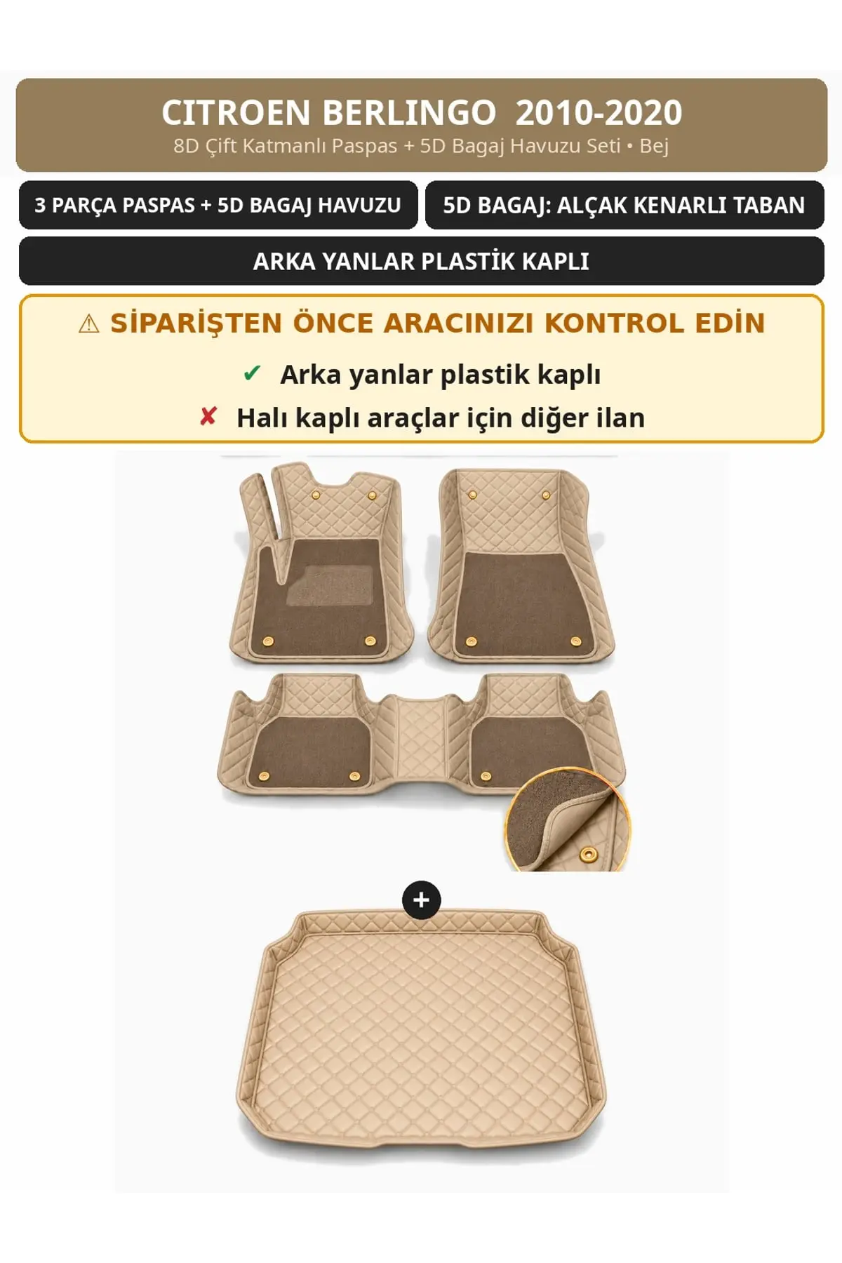 Citroen Berlingo 2010-2020 Arka Yan Plastik 8D Çift Katmanlı Paspas + 5D Bagaj Havuzu Seti Bej (1)