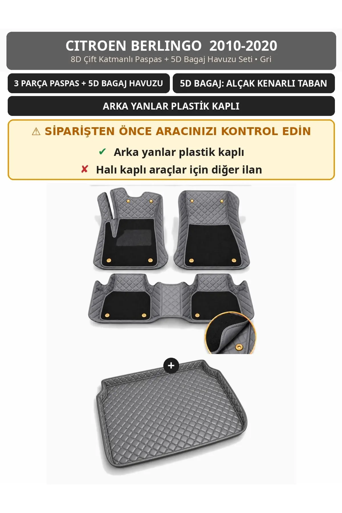 Citroen Berlingo 2010-2020 Arka Yan Plastik 8D Çift Katmanlı Paspas + 5D Bagaj Havuzu Seti Gri (1)