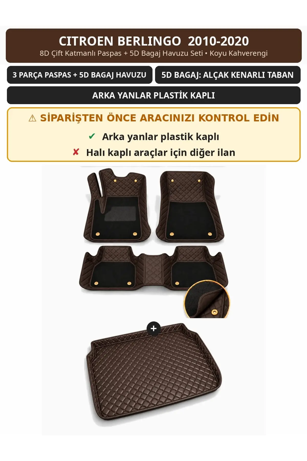 Citroen Berlingo 2010-2020 Arka Yan Plastik 8D Çift Katmanlı Paspas + 5D Bagaj Seti Koyu Kahverengi (1)