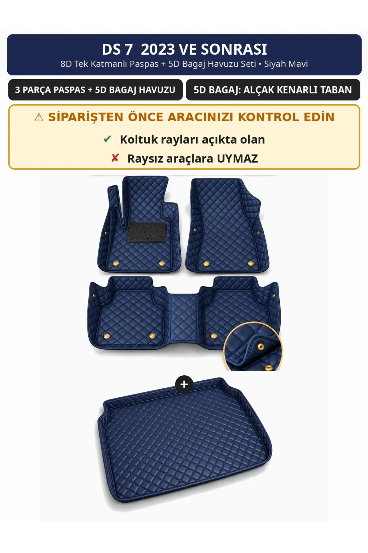 DS 7 2023+ 8D Tek Katmanlı Paspas + 5D Bagaj Havuzu Seti Siyah Mavi (1)