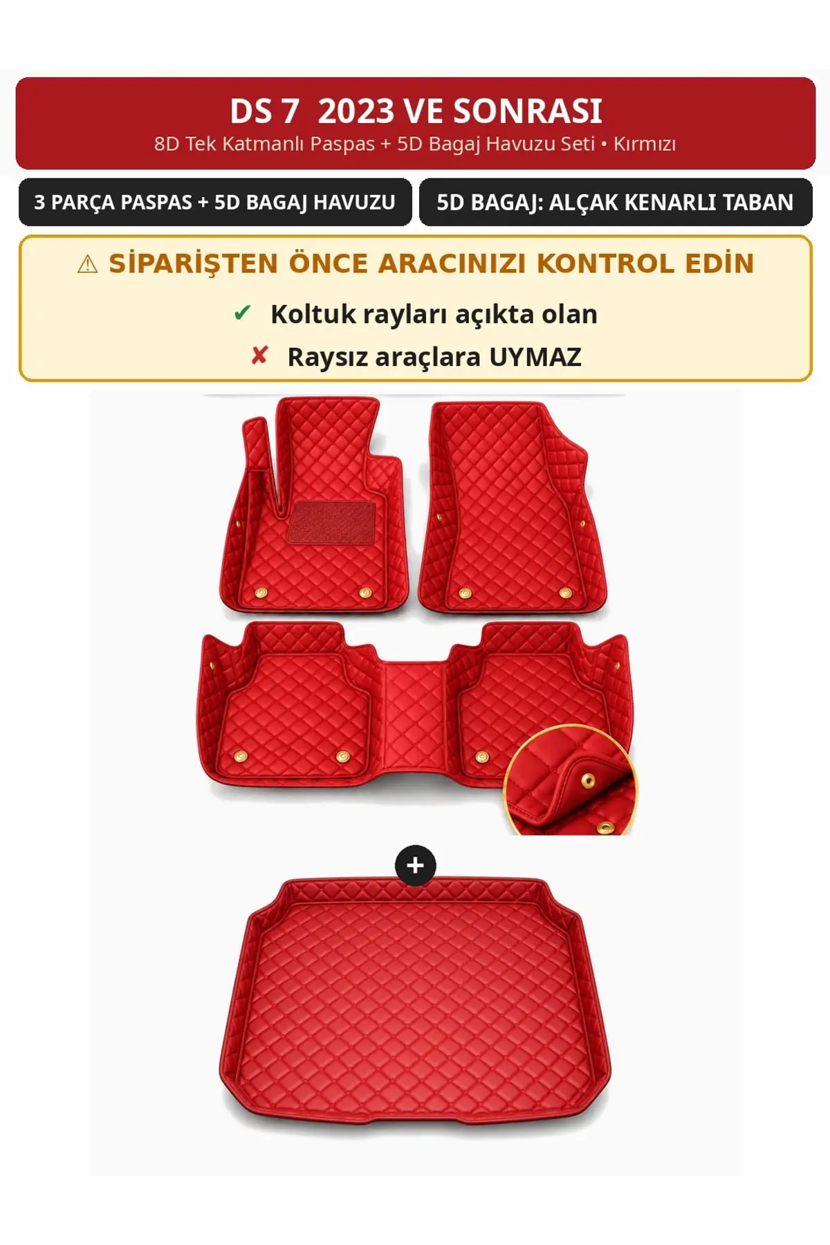 DS 7 2023+ 8D Tek Katmanlı Paspas + 5D Bagaj Havuzu Seti Kırmızı (1)
