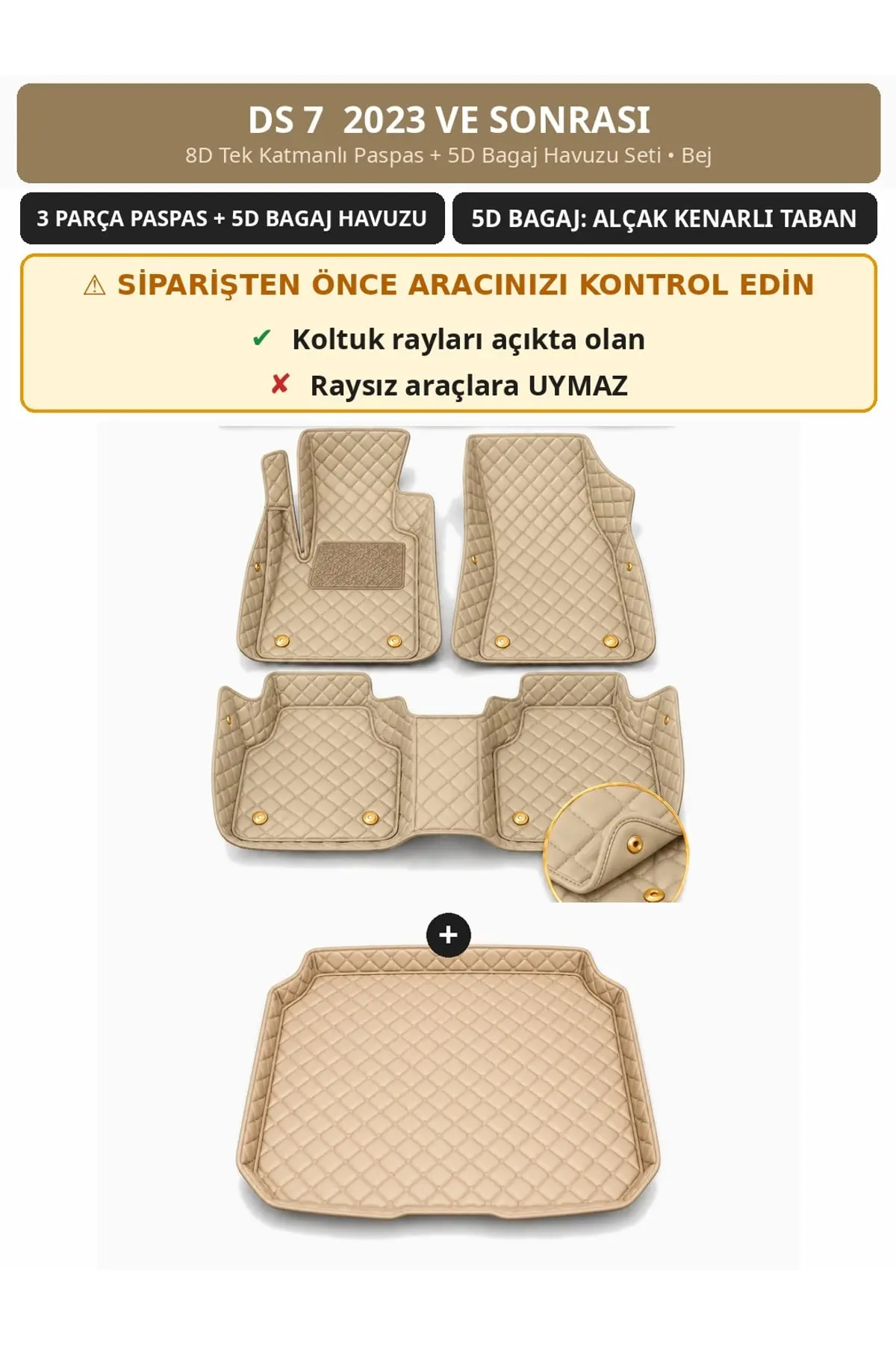 DS 7 2023+ 8D Tek Katmanlı Paspas + 5D Bagaj Havuzu Seti Bej (1)