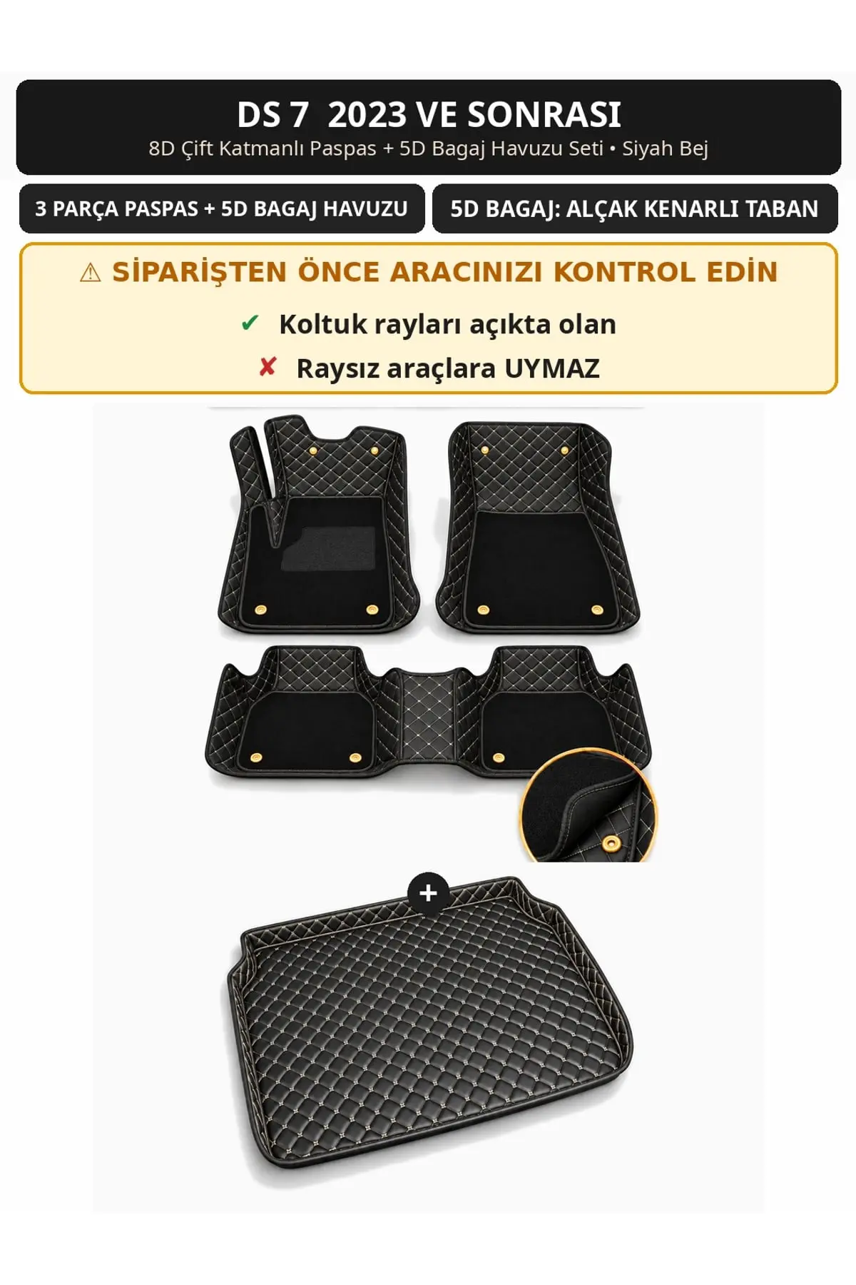DS 7 2023+ 8D Çift Katmanlı Paspas + 5D Bagaj Havuzu Seti Siyah Bej (1)