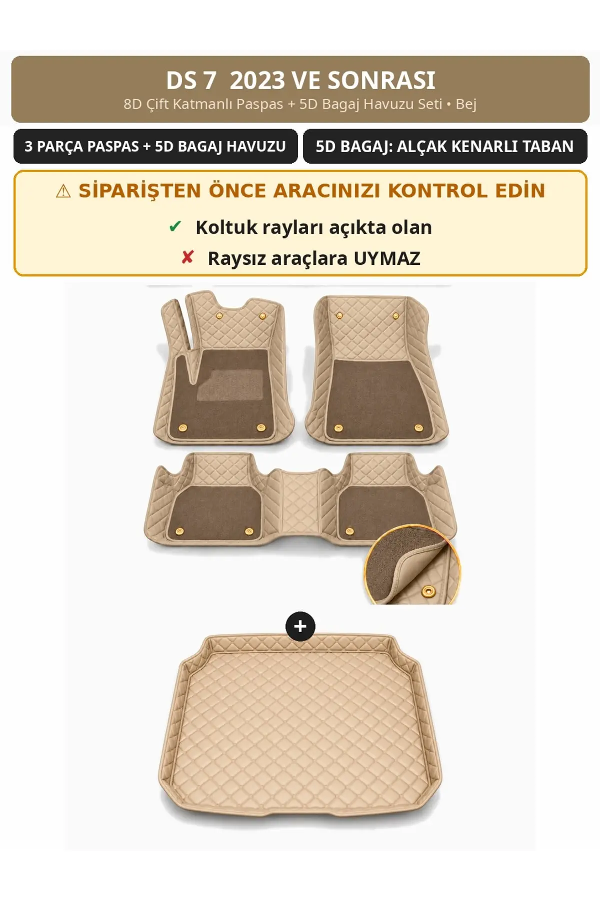 DS 7 2023+ 8D Çift Katmanlı Paspas + 5D Bagaj Havuzu Seti Bej (1)