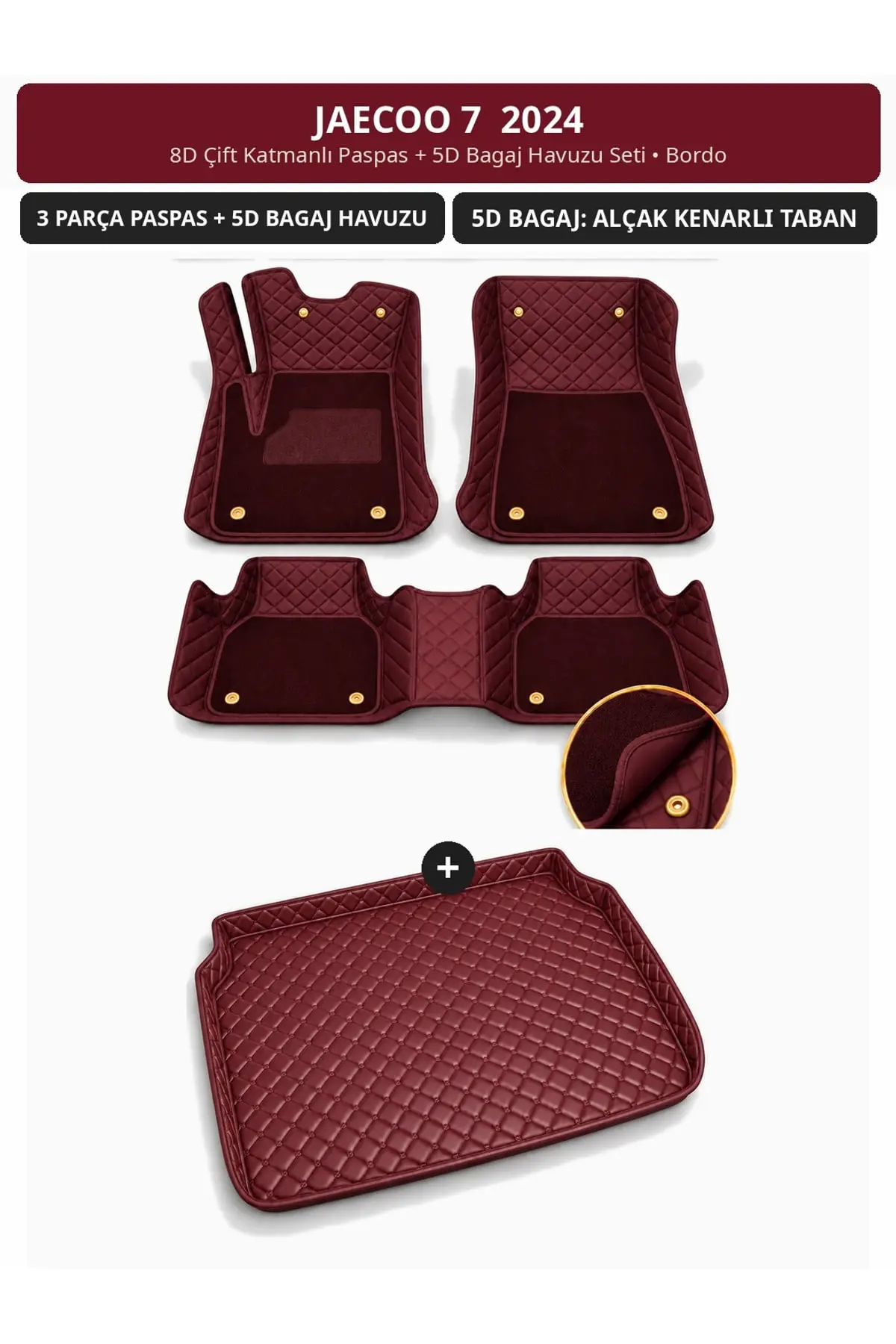 Jaecoo 7 2024 8D Çift Katmanlı Paspas + 5D Bagaj Havuzu Seti Bordo (1)