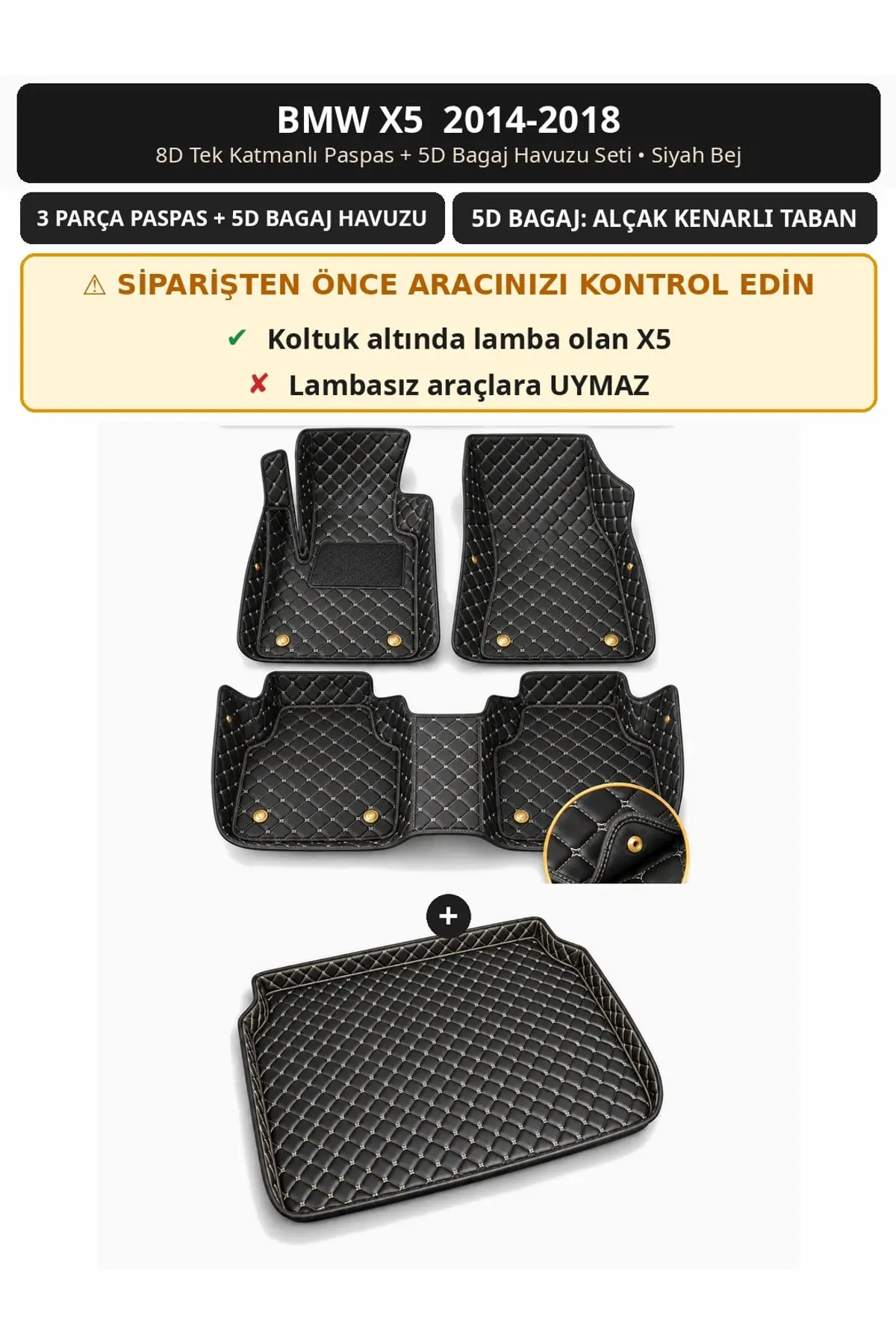 BMW X5 2014-2018 8D Tek Katmanlı Paspas + 5D Bagaj Havuzu Seti Siyah Bej (1)