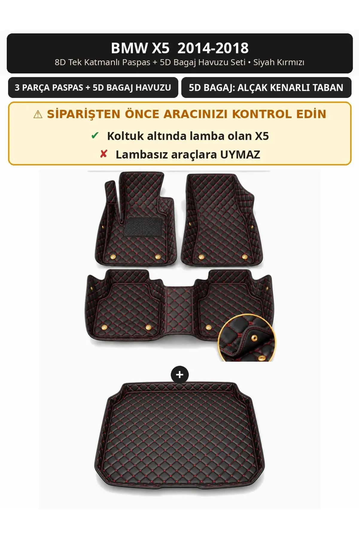 BMW X5 2014-2018 8D Tek Katmanlı Paspas + 5D Bagaj Havuzu Seti Siyah Kırmızı (1)