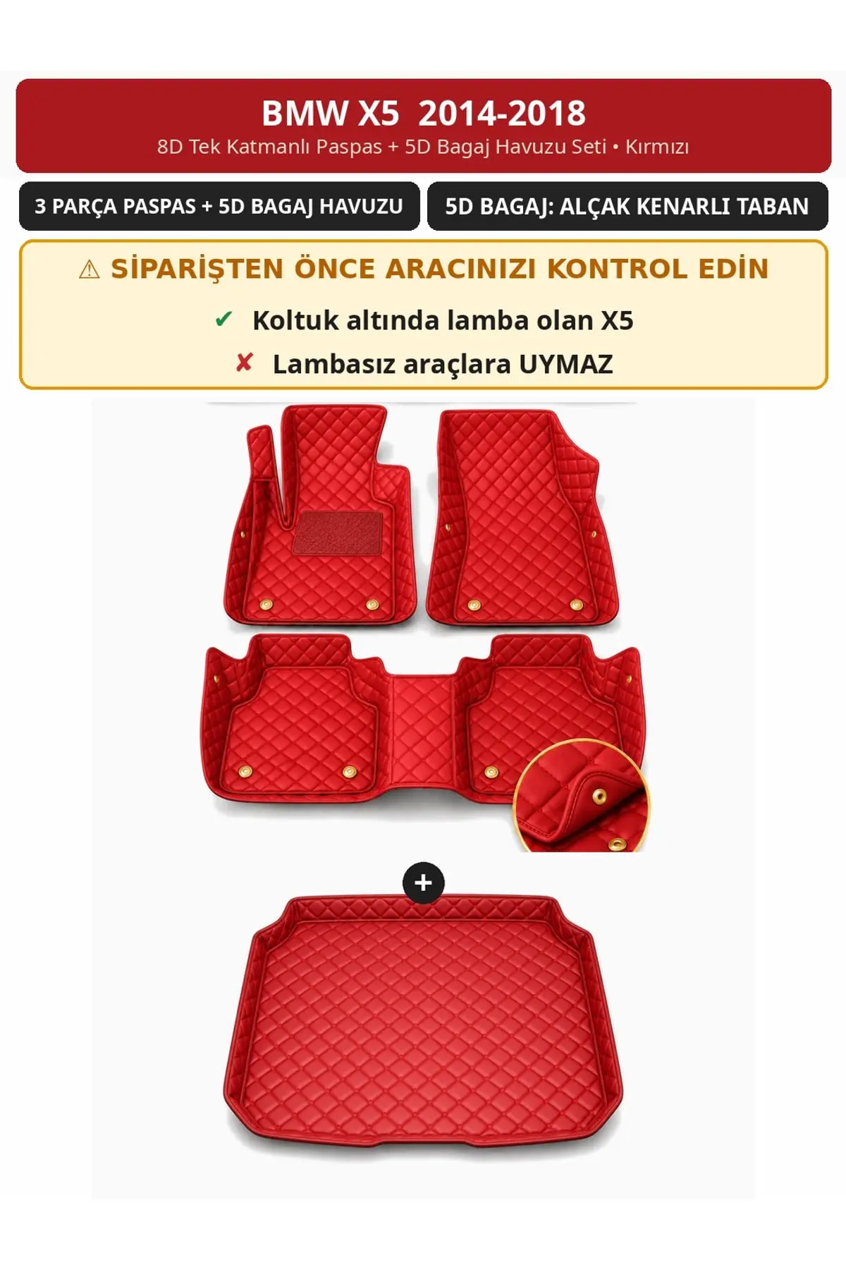 BMW X5 2014-2018 8D Tek Katmanlı Paspas + 5D Bagaj Havuzu Seti Kırmızı (1)