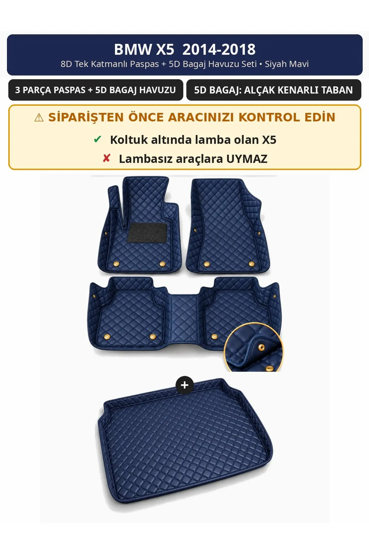 BMW X5 2014-2018 8D Tek Katmanlı Paspas + 5D Bagaj Havuzu Seti Siyah Mavi (1)