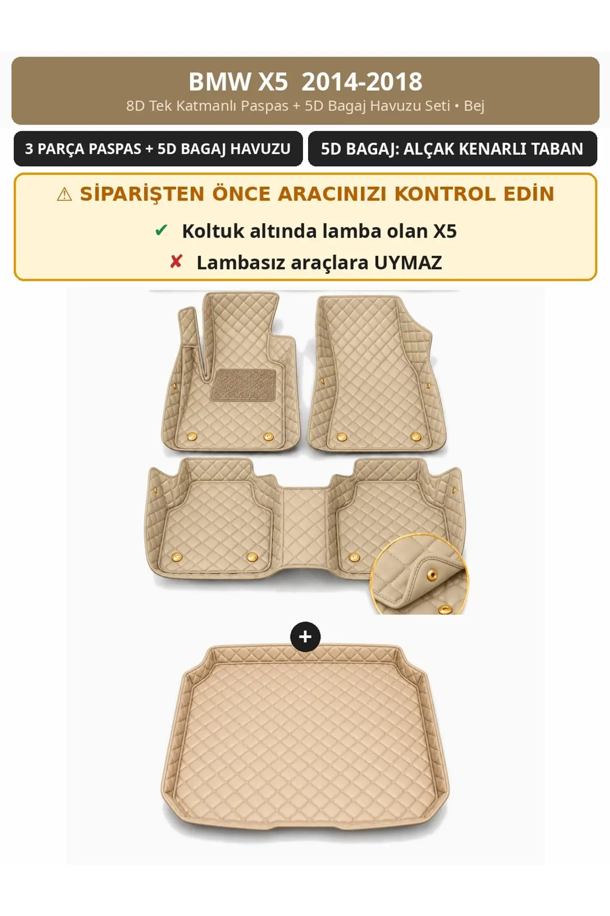 BMW X5 2014-2018 8D Tek Katmanlı Paspas + 5D Bagaj Havuzu Seti Bej (1)