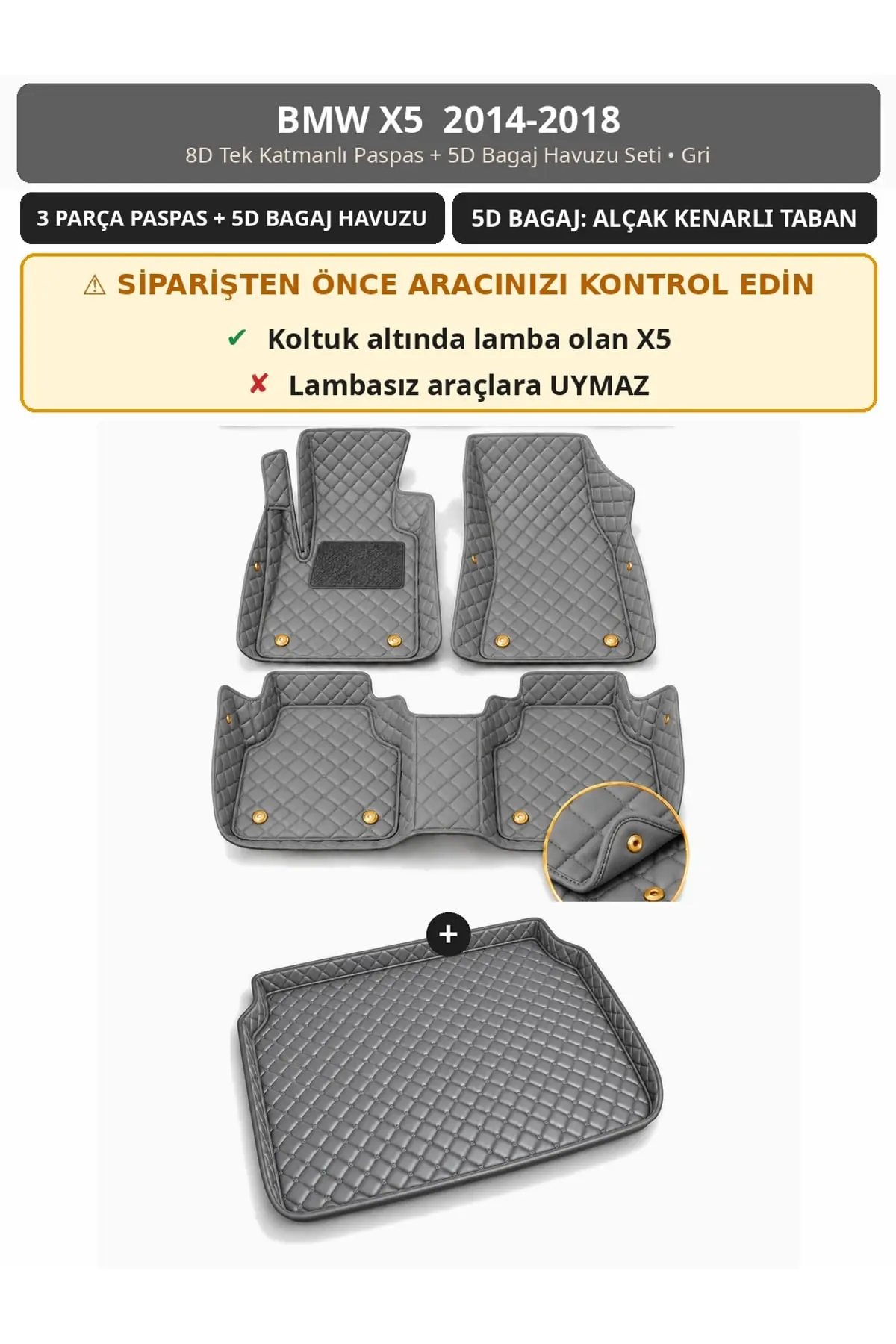 BMW X5 2014-2018 8D Tek Katmanlı Paspas + 5D Bagaj Havuzu Seti Gri (1)
