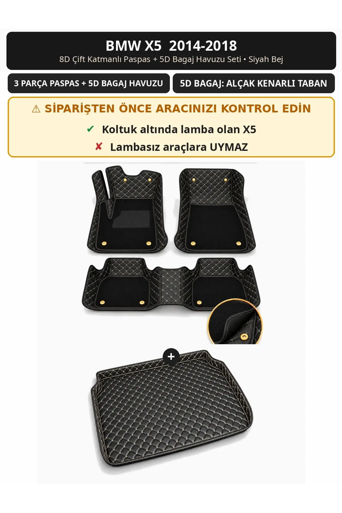 BMW X5 2014-2018 8D Çift Katmanlı Paspas + 5D Bagaj Havuzu Seti Siyah Bej (1)