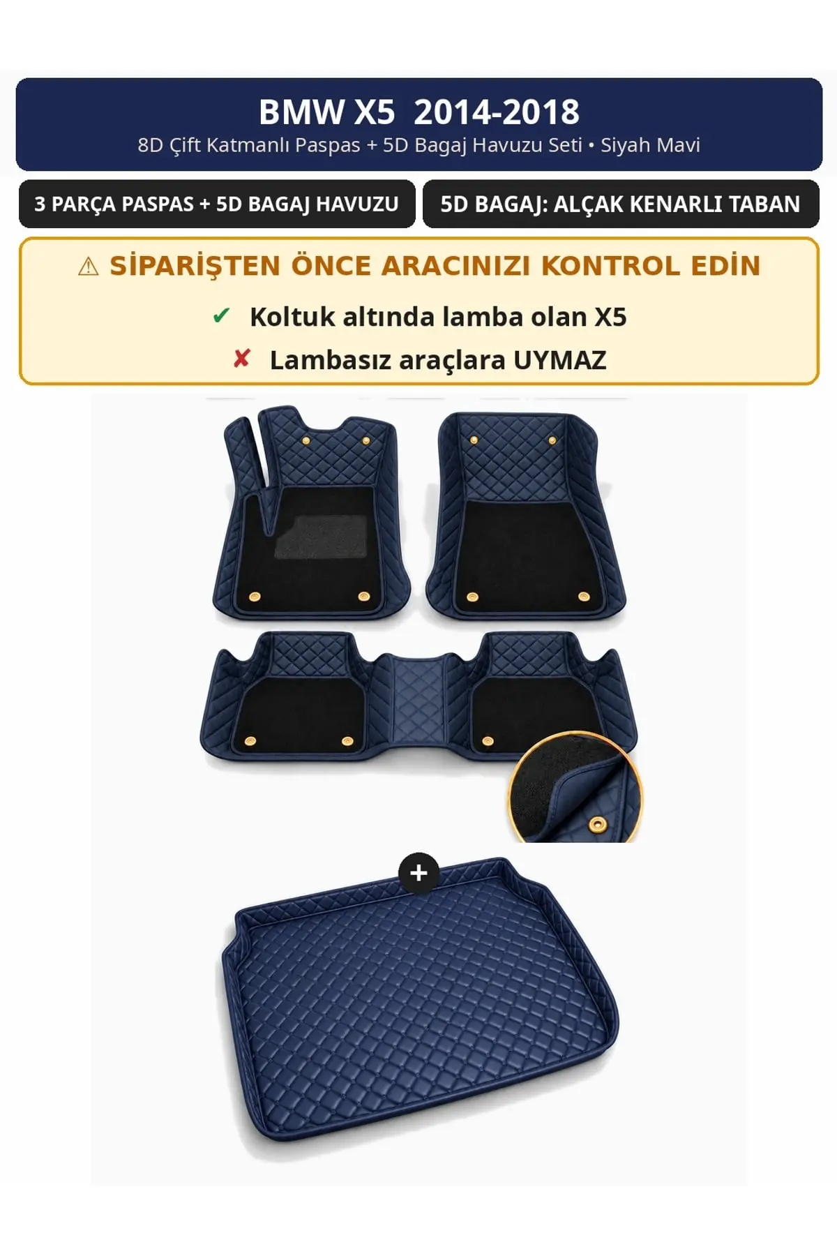 BMW X5 2014-2018 8D Çift Katmanlı Paspas + 5D Bagaj Havuzu Seti Siyah Mavi (1)