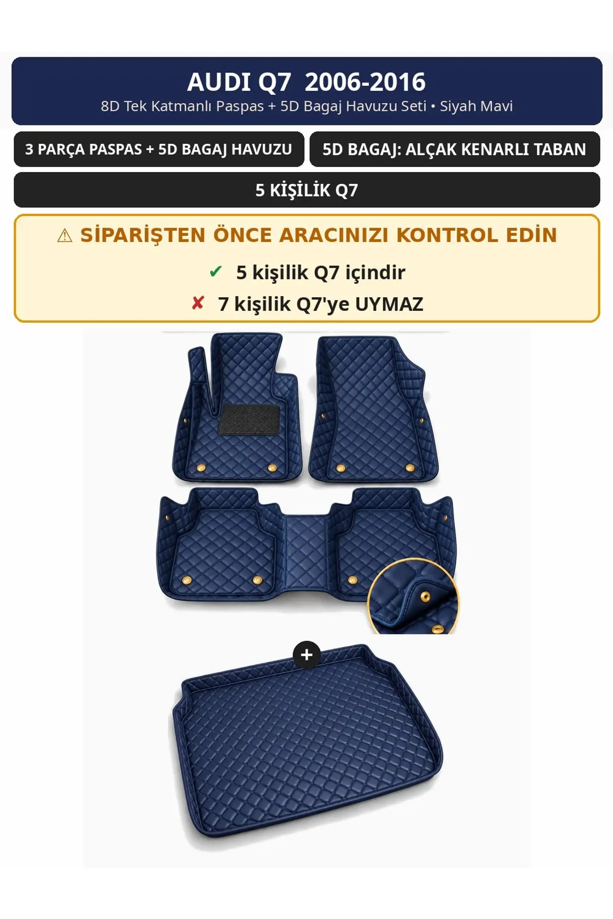 Audi Q7 2006-2016 5 Kişilik 8D Tek Katmanlı Paspas + 5D Bagaj Havuzu Seti Siyah Mavi (1)