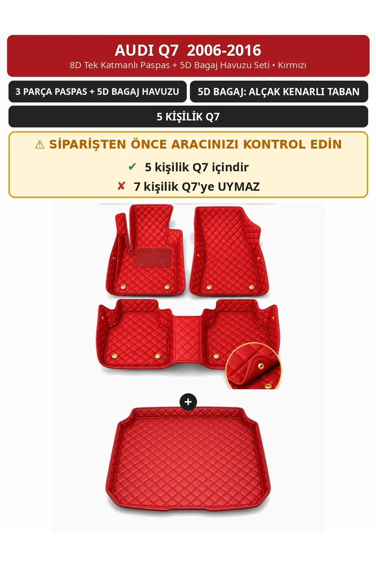 Audi Q7 2006-2016 5 Kişilik 8D Tek Katmanlı Paspas + 5D Bagaj Havuzu Seti Kırmızı (1)
