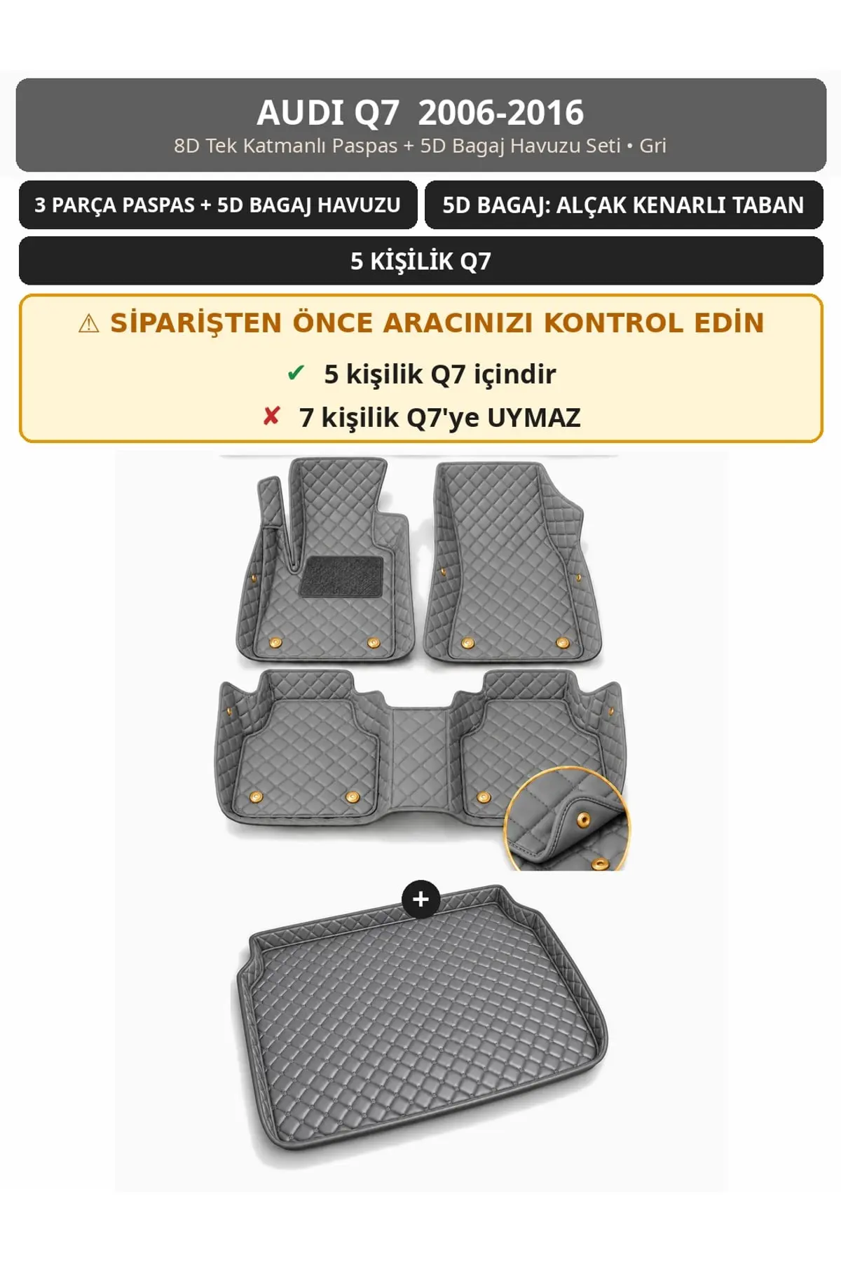 Audi Q7 2006-2016 5 Kişilik 8D Tek Katmanlı Paspas + 5D Bagaj Havuzu Seti Gri (1)