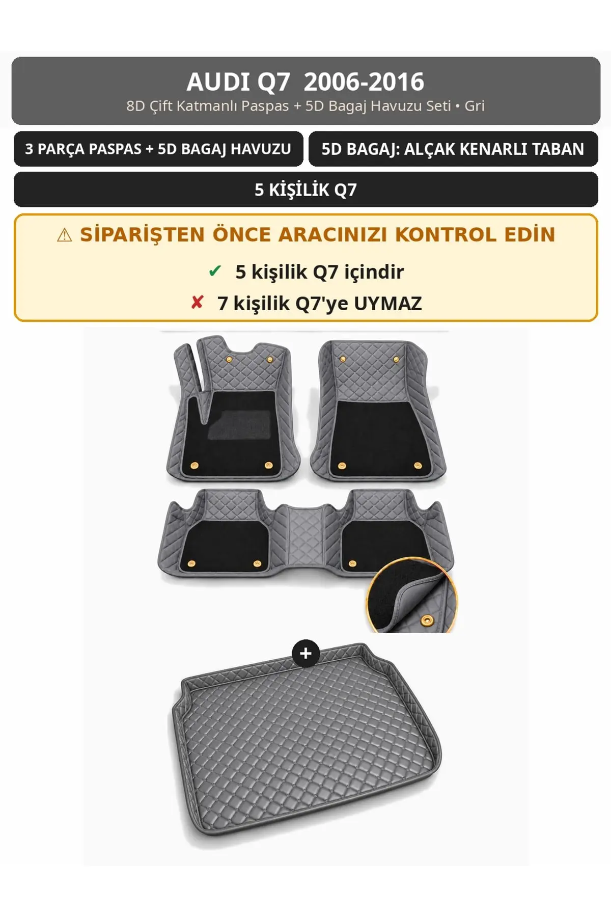 Audi Q7 2006-2016 5 Kişilik 8D Çift Katmanlı Paspas + 5D Bagaj Havuzu Seti Gri (1)