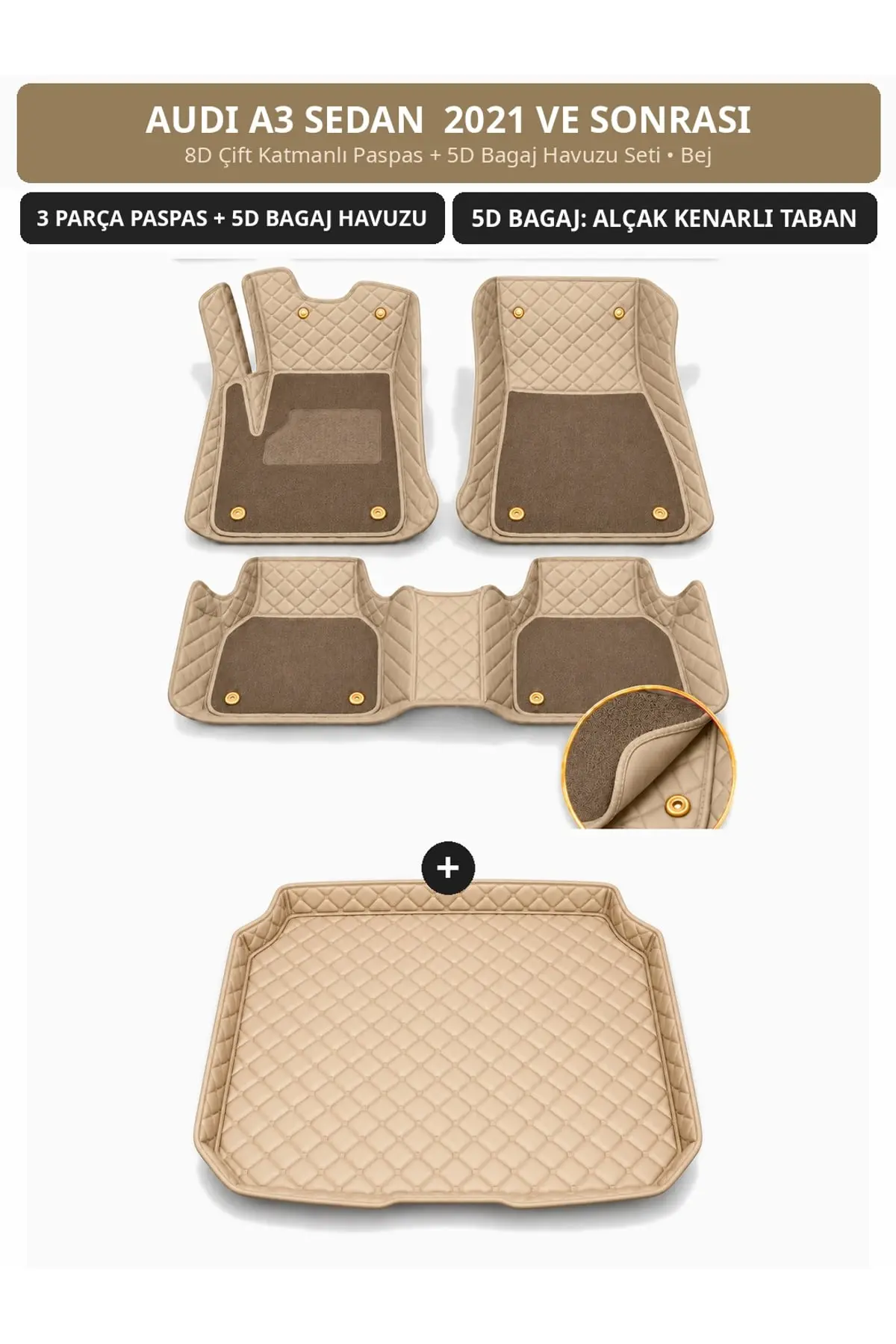 Audi A3 Sedan 2021+ 8D Çift Katmanlı Paspas + 5D Bagaj Havuzu Seti Bej (1)