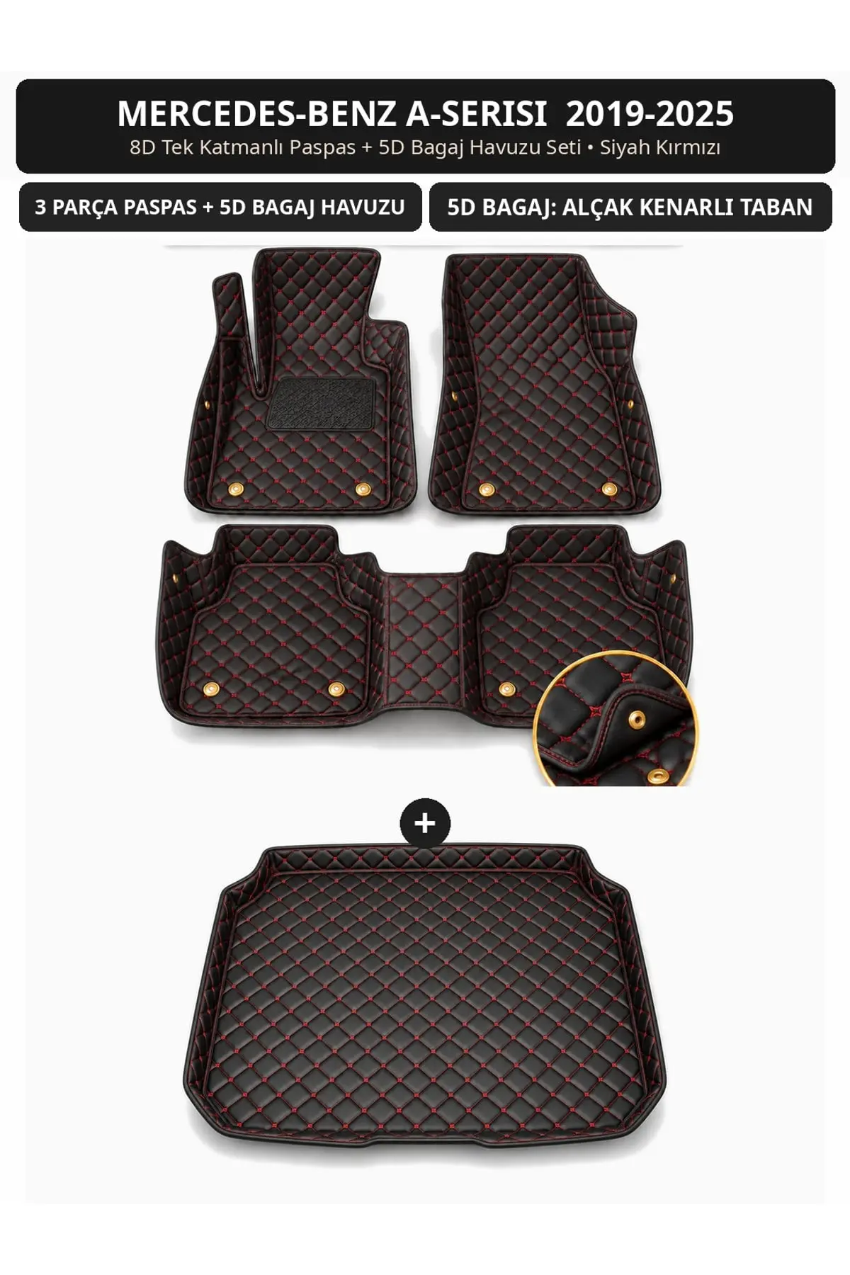 Mercedes-Benz A-Serisi 2019-2025 8D Tek Katmanlı Paspas + 5D Bagaj Havuzu Seti Siyah Kırmızı (1)