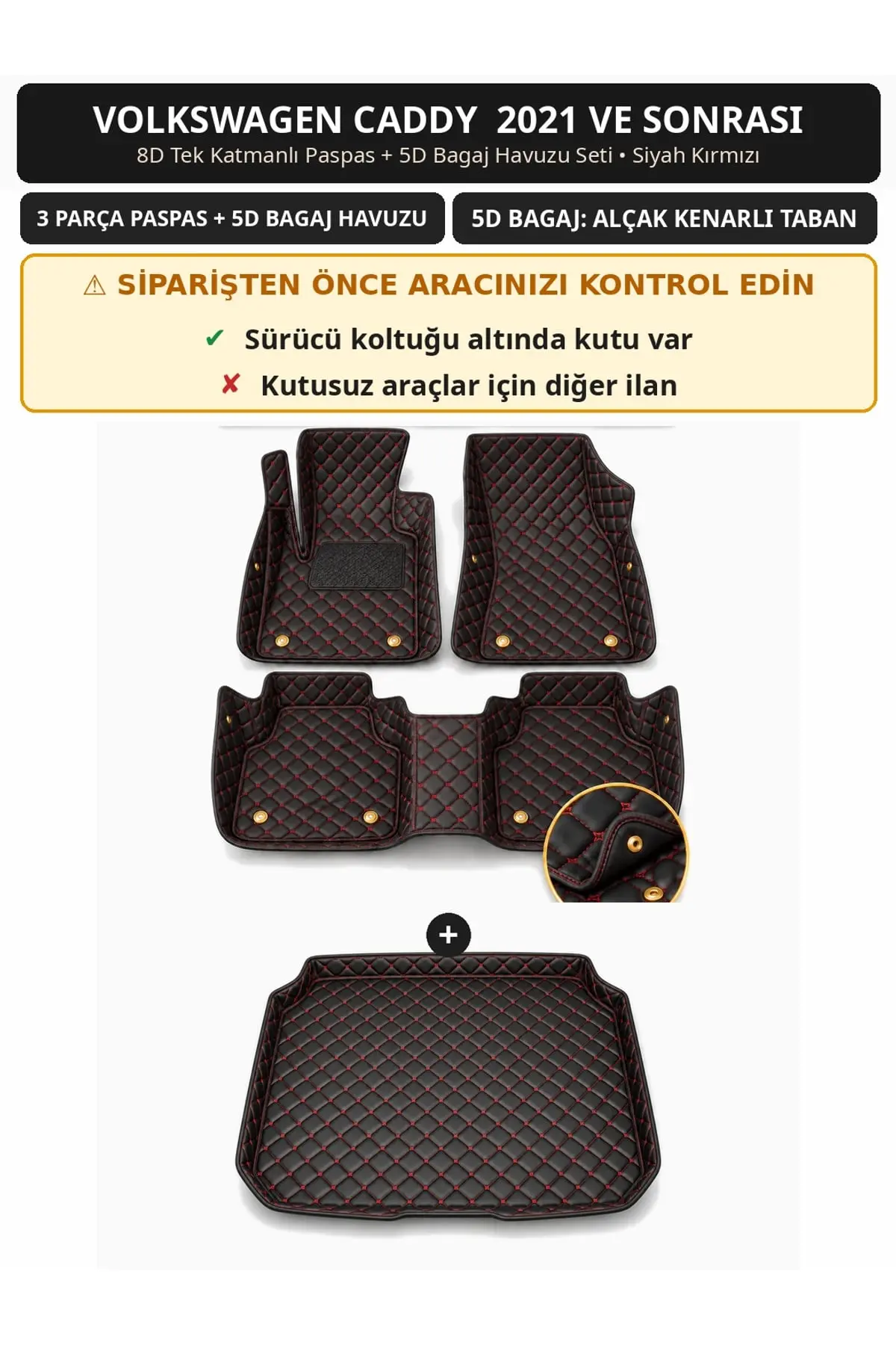 Volkswagen Caddy 2021+ Sürücü Altı Kutulu 8D Tek Katmanlı Paspas + 5D Bagaj Seti Siyah Kırmızı (1)