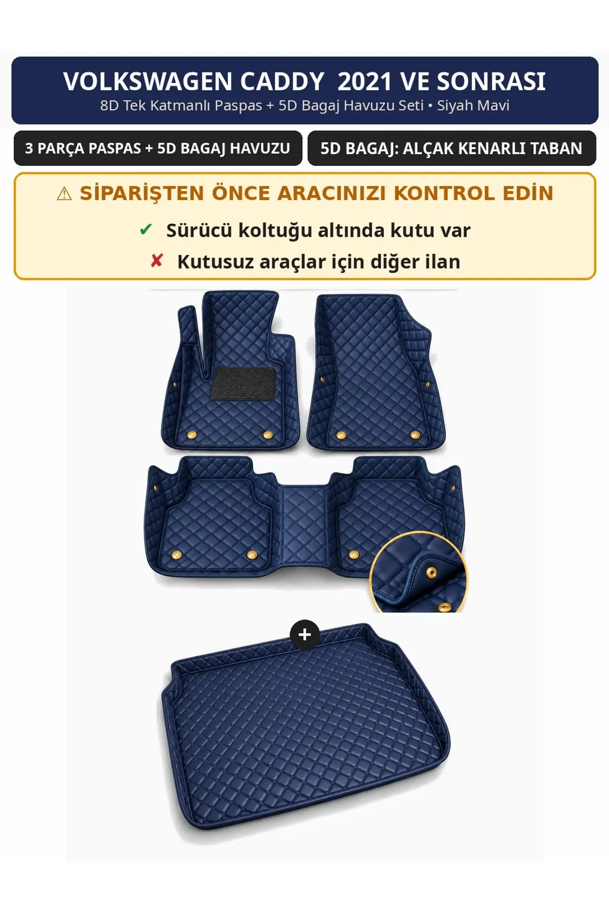 Volkswagen Caddy 2021+ Sürücü Altı Kutulu 8D Tek Katmanlı Paspas + 5D Bagaj Havuzu Seti Siyah Mavi (1)