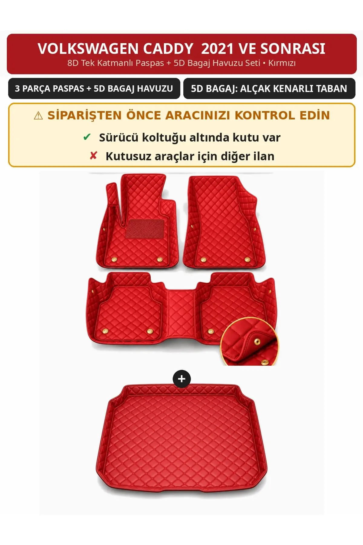 Volkswagen Caddy 2021+ Sürücü Altı Kutulu 8D Tek Katmanlı Paspas + 5D Bagaj Havuzu Seti Kırmızı (1)
