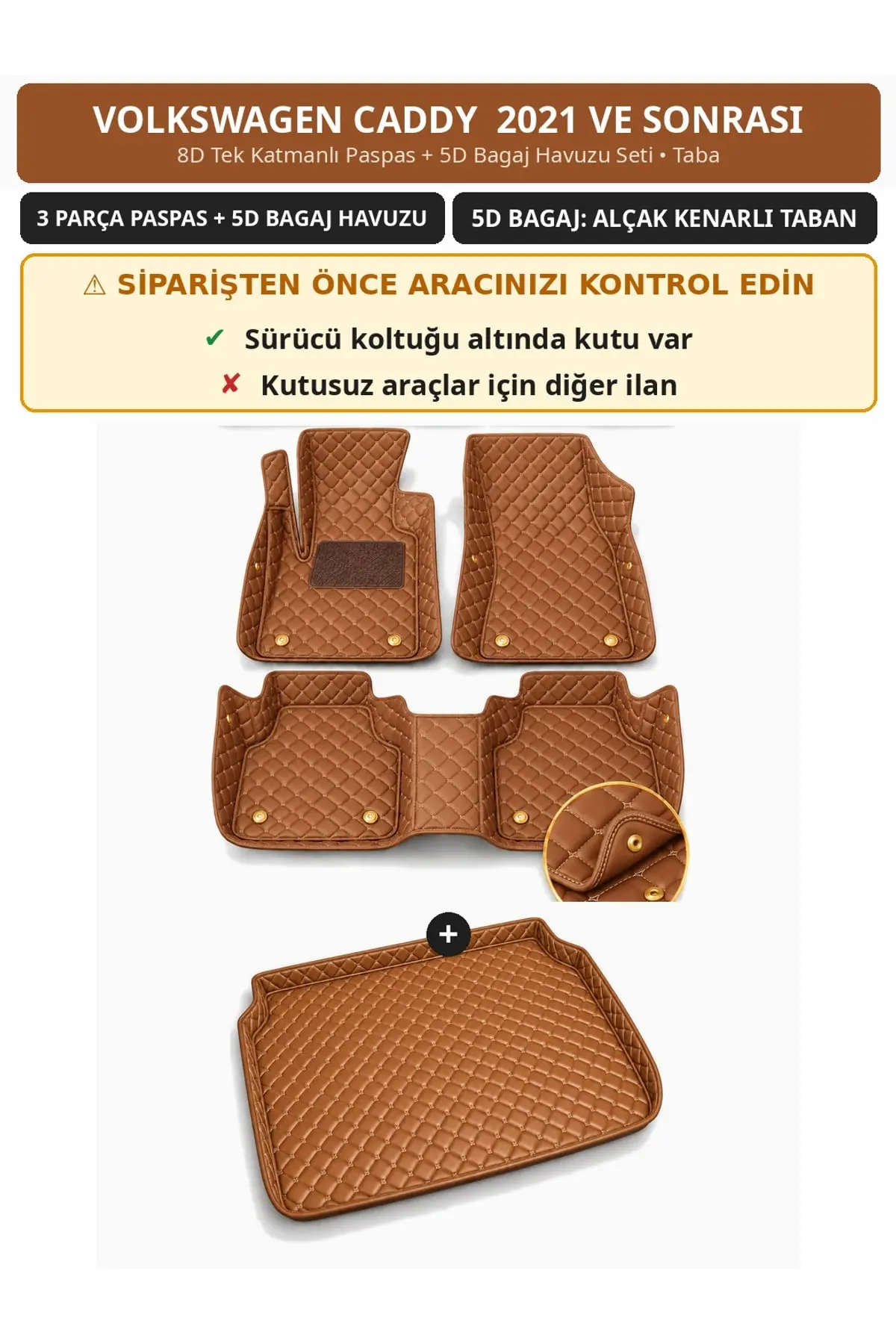 Volkswagen Caddy 2021+ Sürücü Altı Kutulu 8D Tek Katmanlı Paspas + 5D Bagaj Havuzu Seti Taba (1)