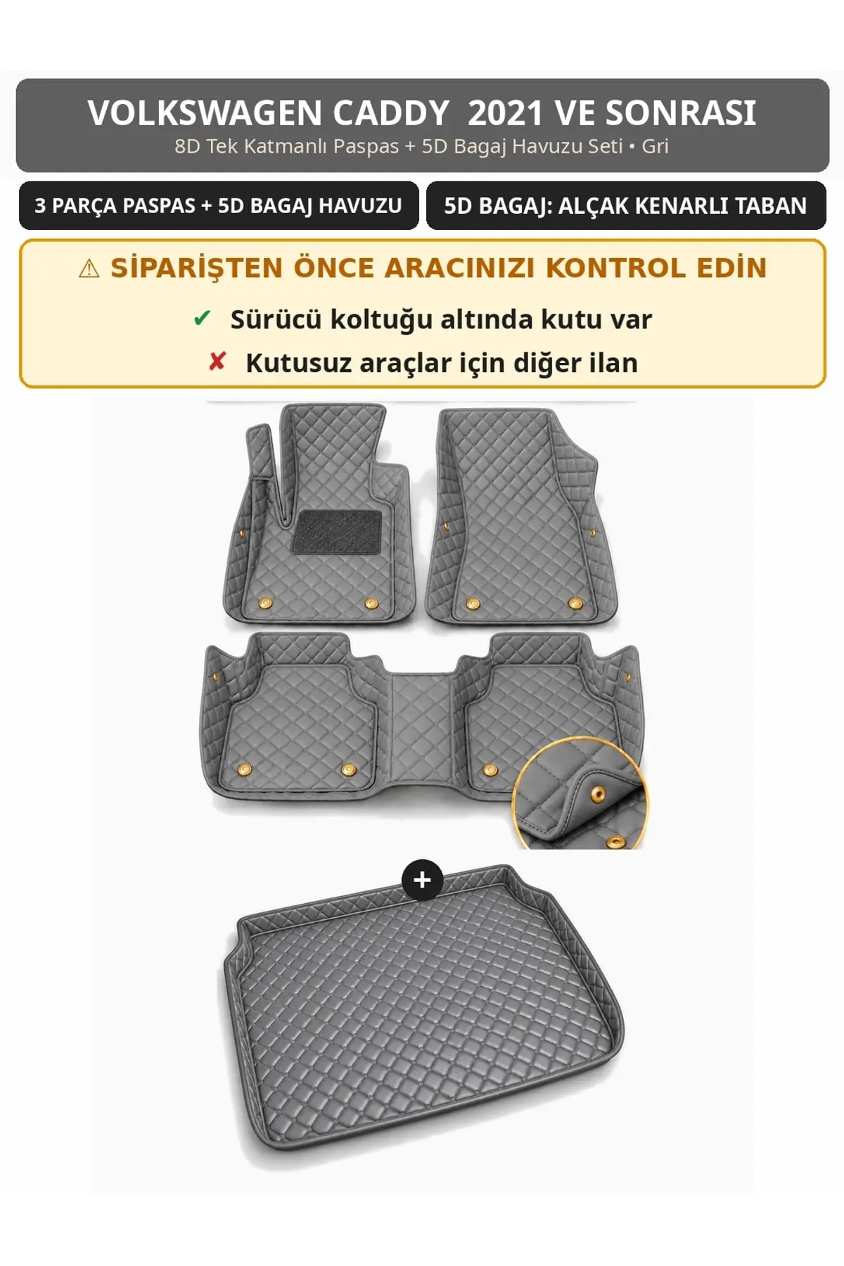 Volkswagen Caddy 2021+ Sürücü Altı Kutulu 8D Tek Katmanlı Paspas + 5D Bagaj Havuzu Seti Gri (1)
