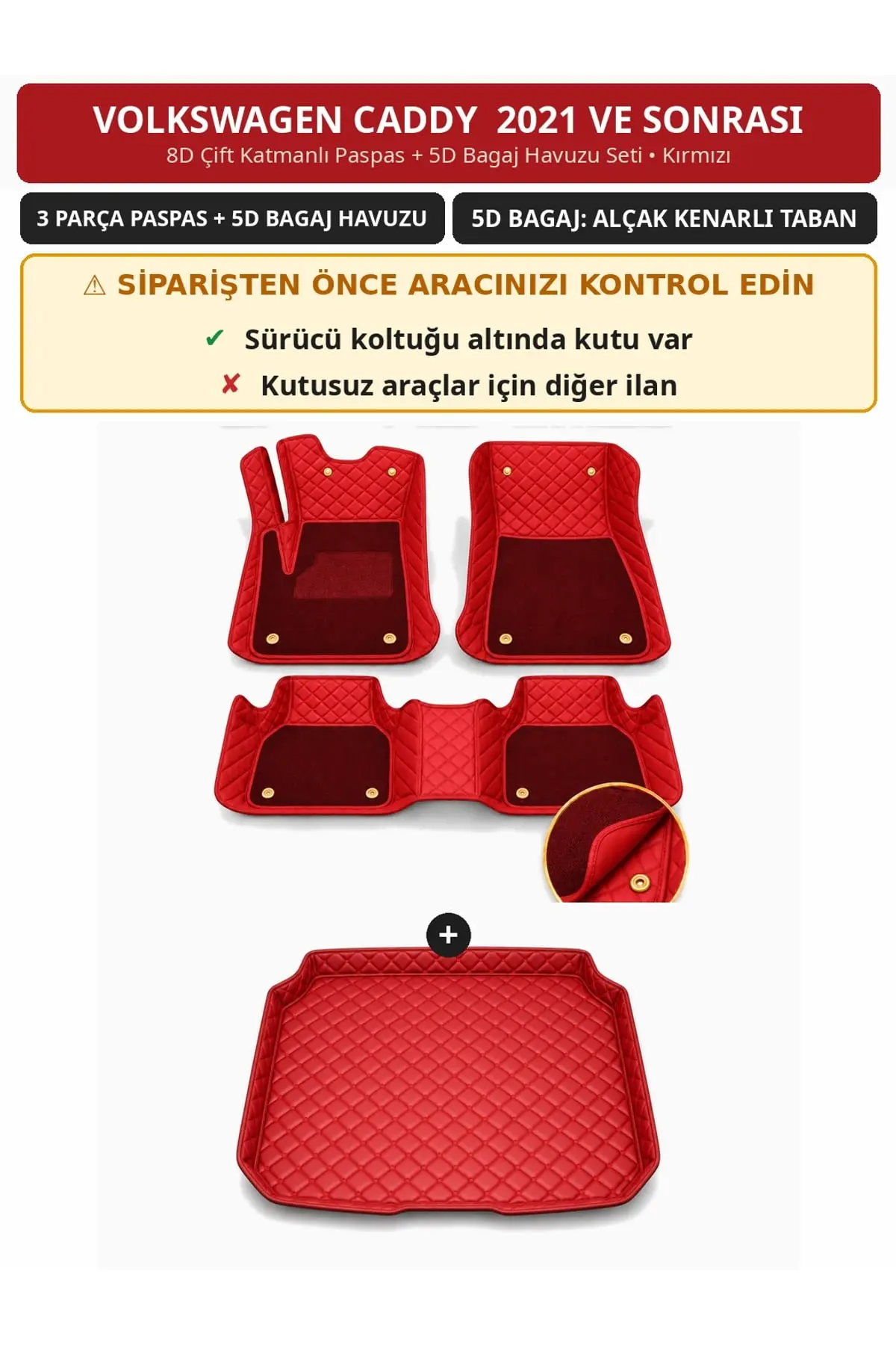 Volkswagen Caddy 2021+ Sürücü Altı Kutulu 8D Çift Katmanlı Paspas + 5D Bagaj Havuzu Seti Kırmızı (1)