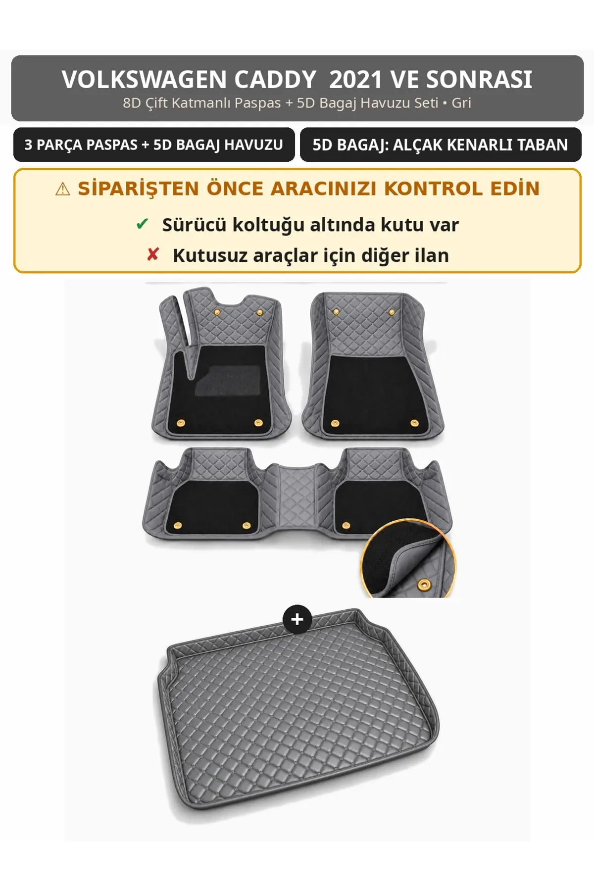 Volkswagen Caddy 2021+ Sürücü Altı Kutulu 8D Çift Katmanlı Paspas + 5D Bagaj Havuzu Seti Gri (1)