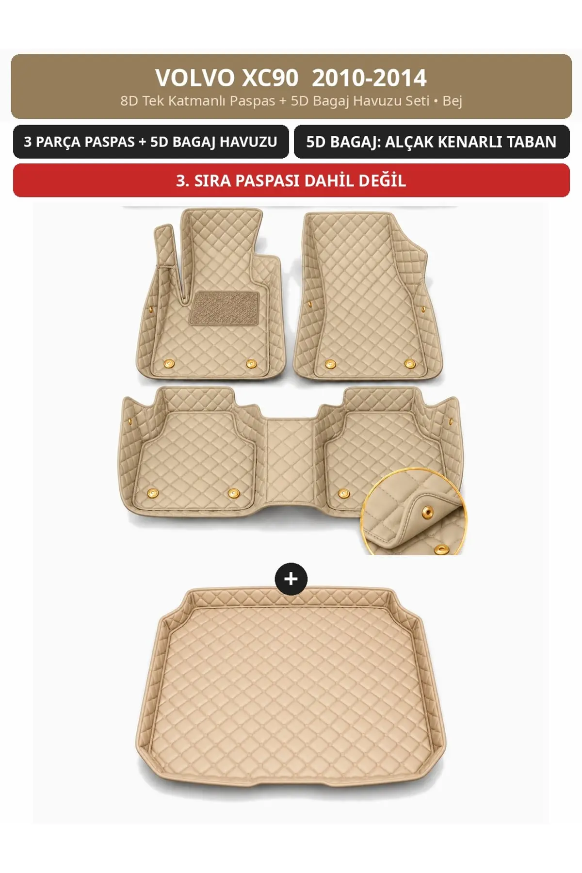 Volvo XC90 2010-2014 8D Tek Katmanlı Paspas + 5D Bagaj Havuzu Seti Bej (1)